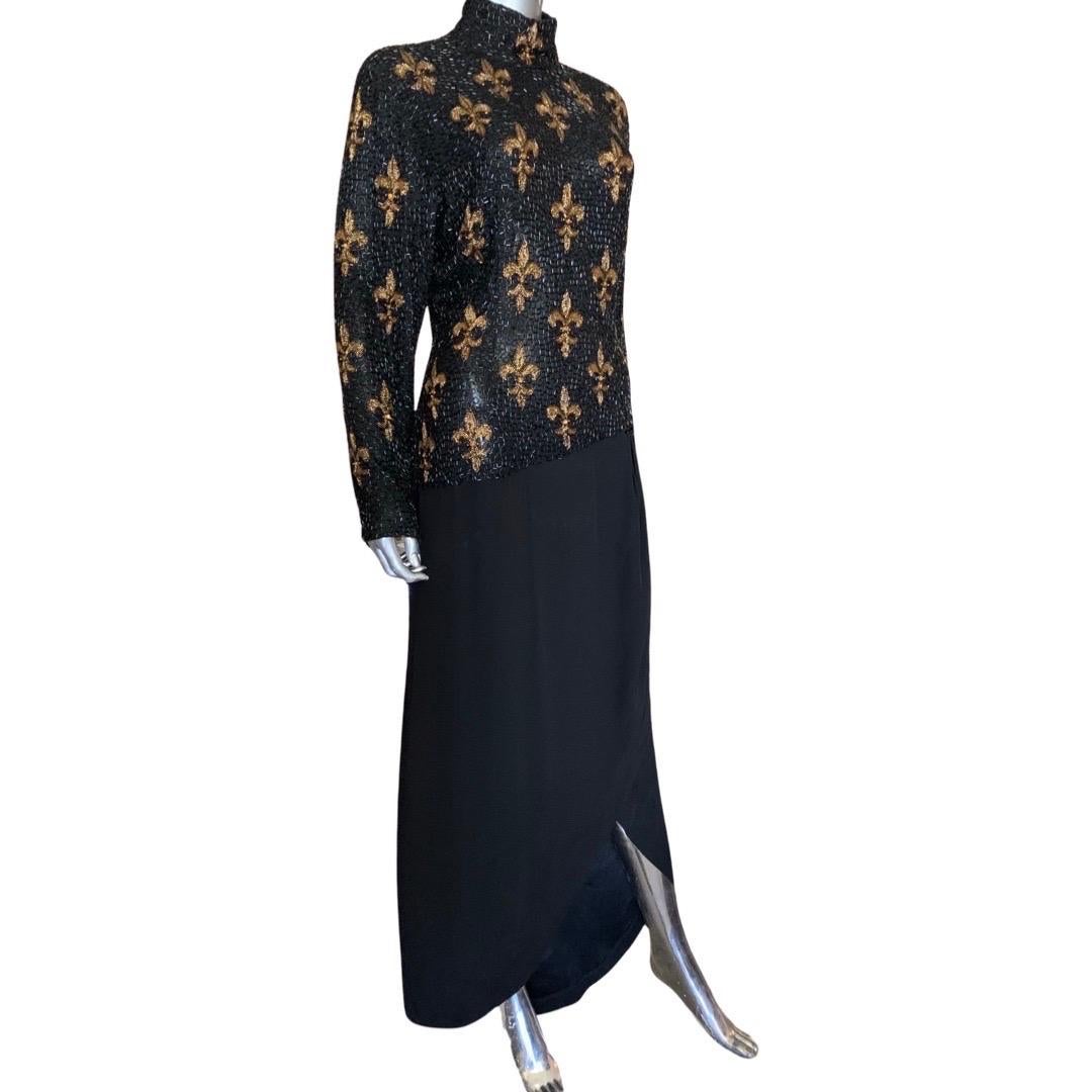 Bob Mackie Boutique Vintage Fleur de Lis Beaded black and Gold Dress Size 6/8 For Sale 11