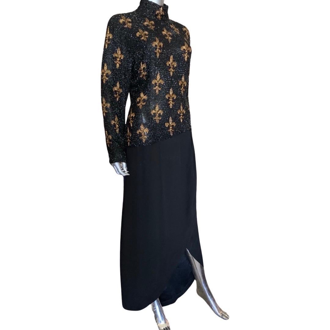 Bob Mackie Boutique Fleur de Lis Robe vintage perlée noire et dorée taille 6/8 en vente 12