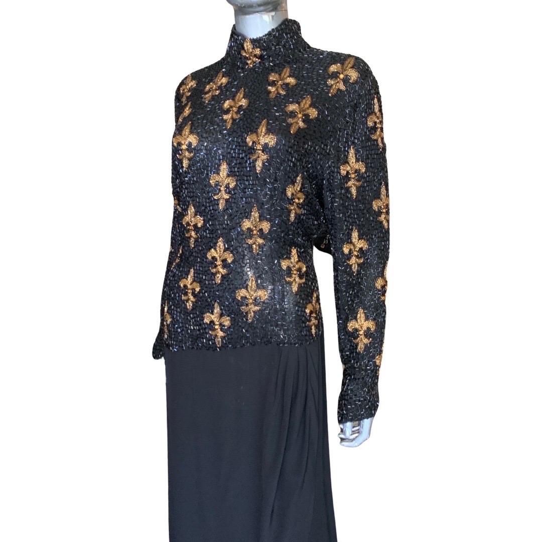 Bob Mackie Boutique Fleur de Lis Robe vintage perlée noire et dorée taille 6/8 en vente 15