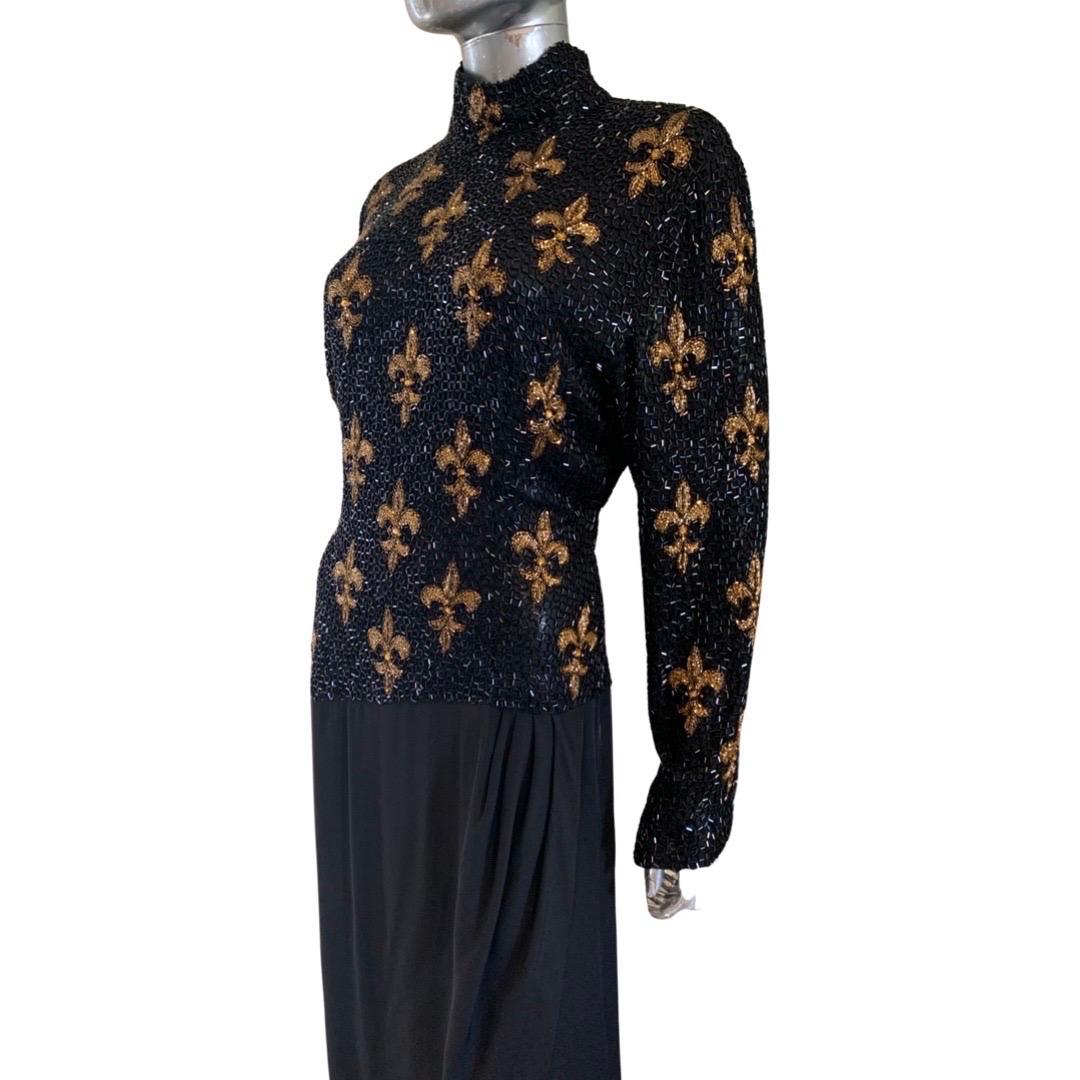 Black Bob Mackie Boutique Vintage Fleur de Lis Beaded black and Gold Dress Size 6/8 For Sale