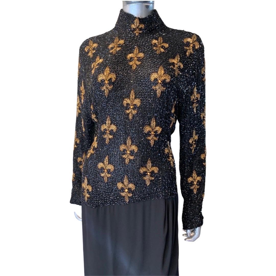 Bob Mackie Boutique Vintage Fleur de Lis Beaded black and Gold Dress Size 6/8 In Good Condition For Sale In Palm Springs, CA