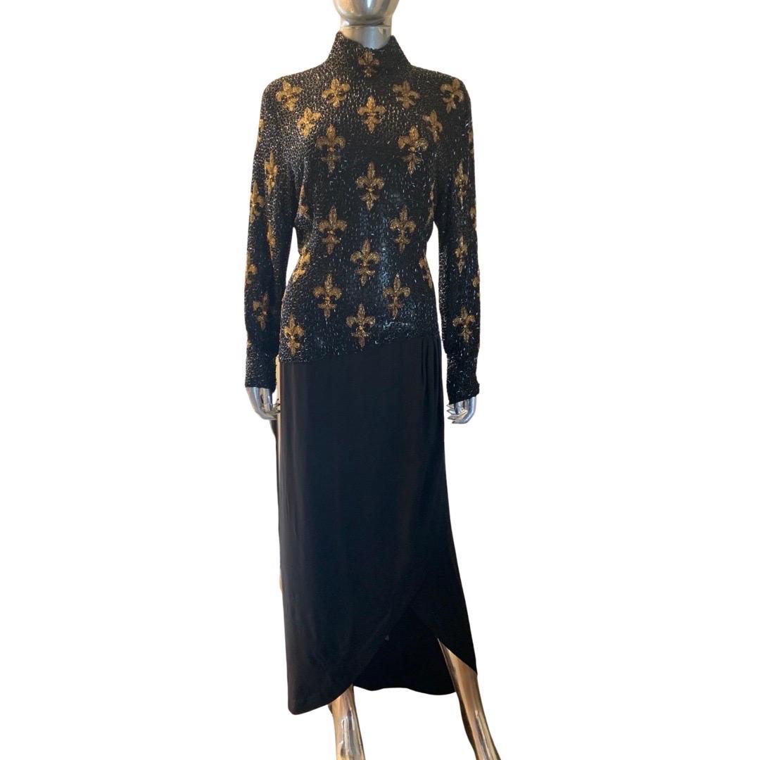 Women's Bob Mackie Boutique Vintage Fleur de Lis Beaded black and Gold Dress Size 6/8 For Sale