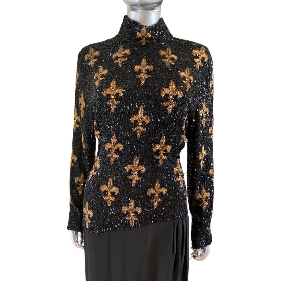 Bob Mackie Boutique Fleur de Lis Robe vintage perlée noire et dorée taille 6/8 en vente 2