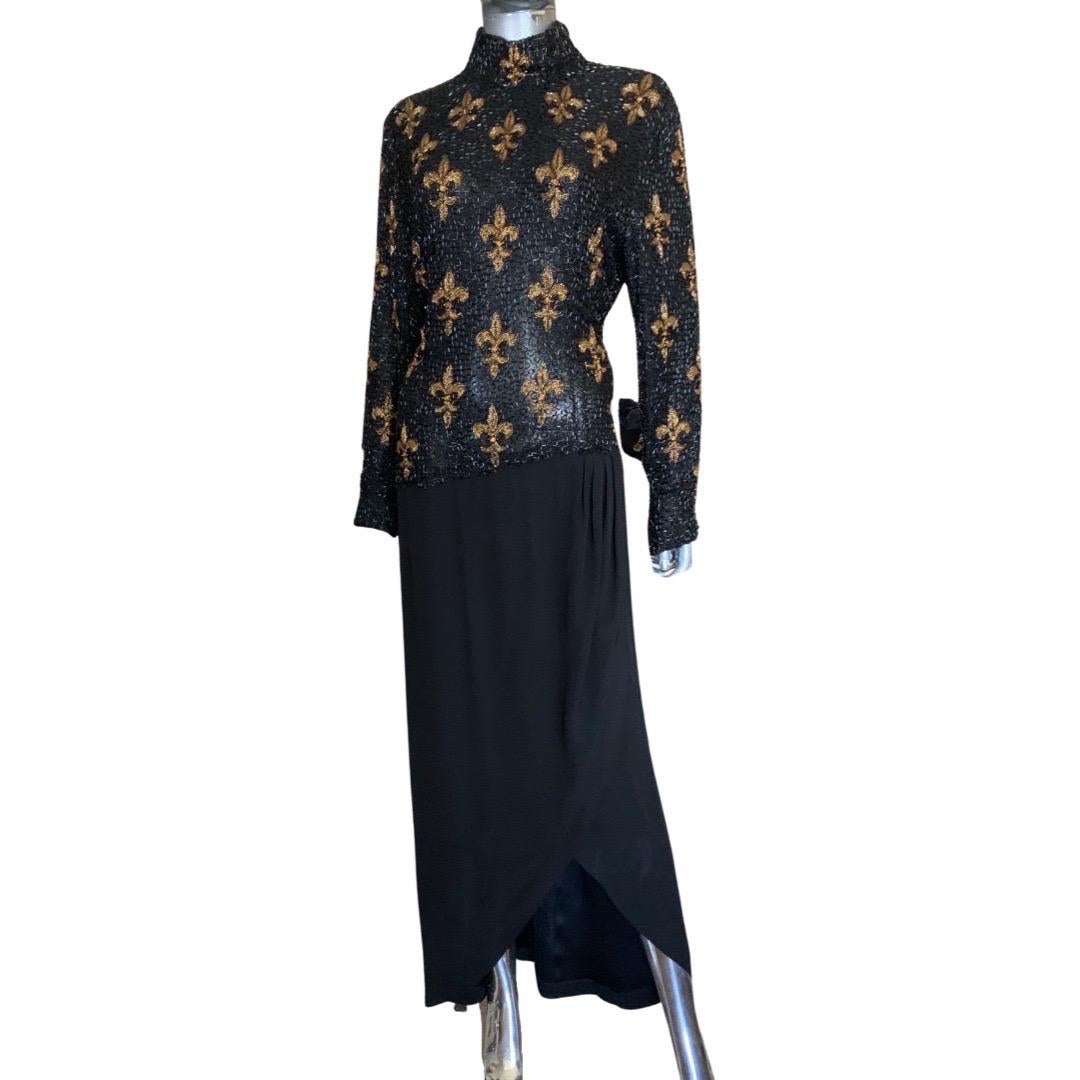 Bob Mackie Boutique Vintage Fleur de Lis Beaded black and Gold Dress Size 6/8 For Sale 3