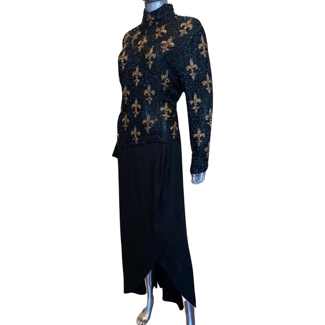 Bob Mackie Boutique Fleur de Lis Robe vintage perlée noire et dorée taille 6/8 en vente 5