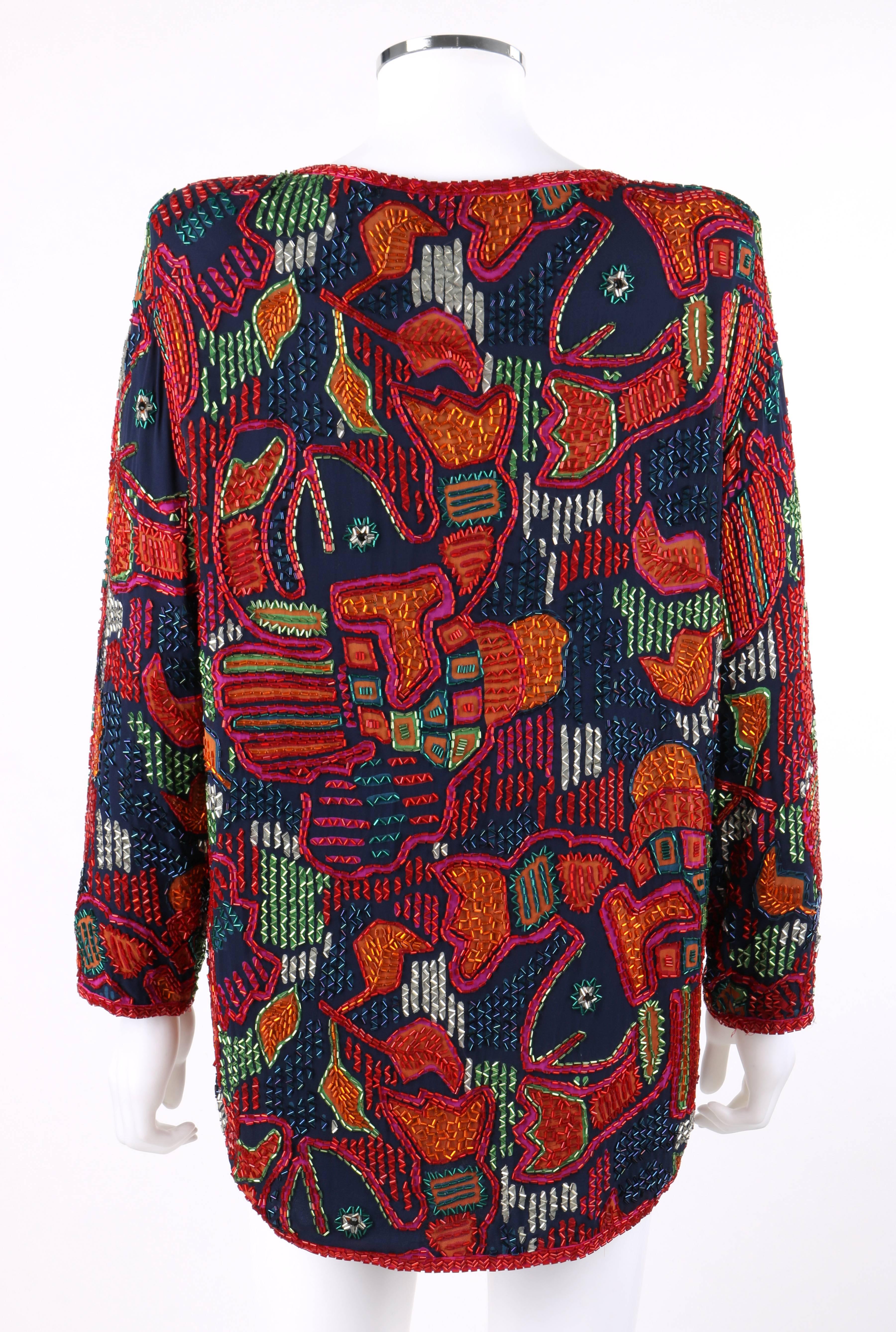 Women's BOB MACKIE Collection II c.1980's Rainbow Abstract Beaded Long Sleeve Tunic Top