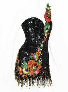 Bob Mackie Couture Exquisite Fringed Gatsby Flapper Corset Beaded Mini Dress