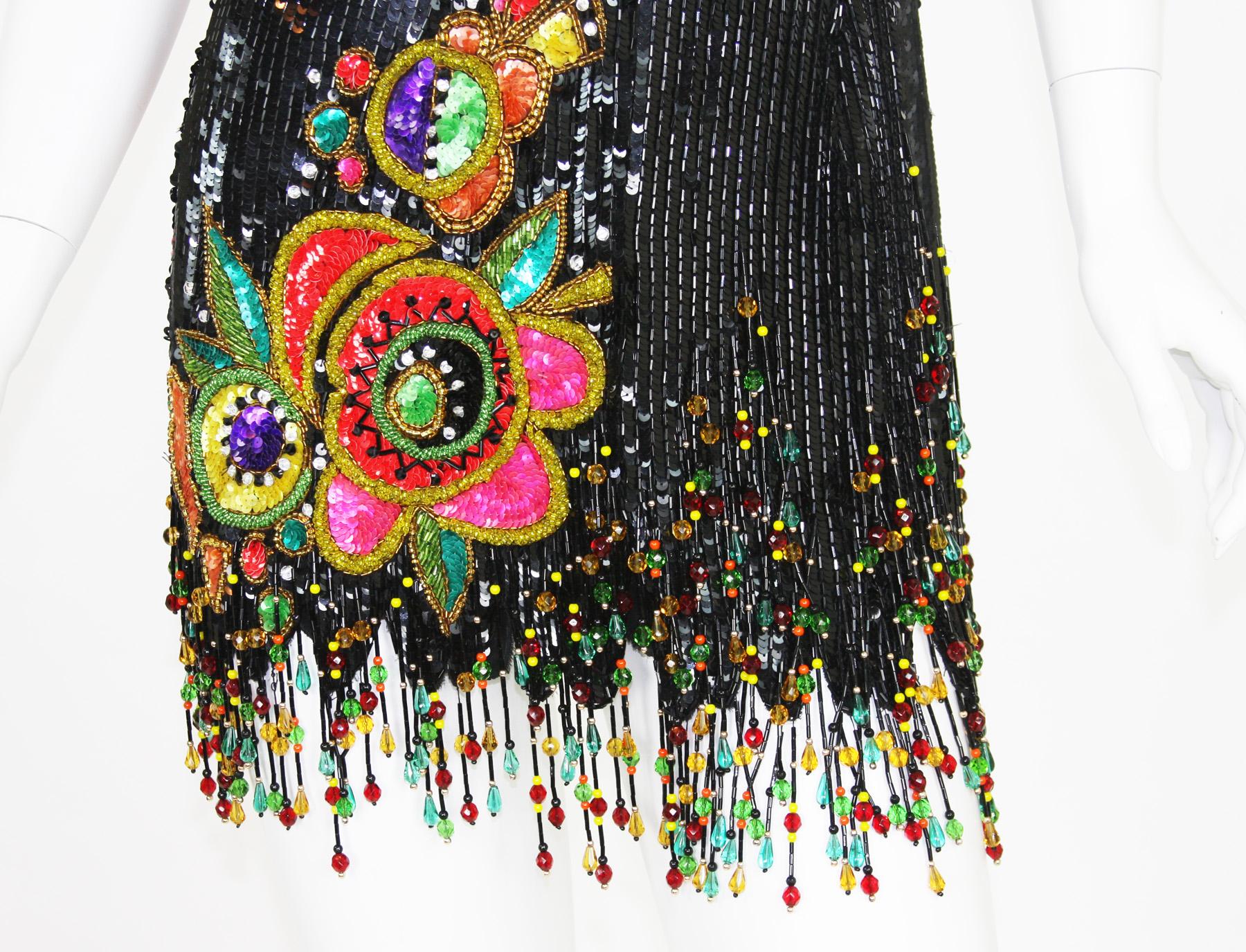 Women's Bob Mackie Couture Exquisite Fringed Gatsby Flapper Corset Beaded Mini Dress 