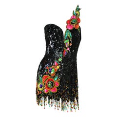 Bob Mackie Couture Exquisite Fringed Gatsby Flapper Corset Beaded Mini Dress 