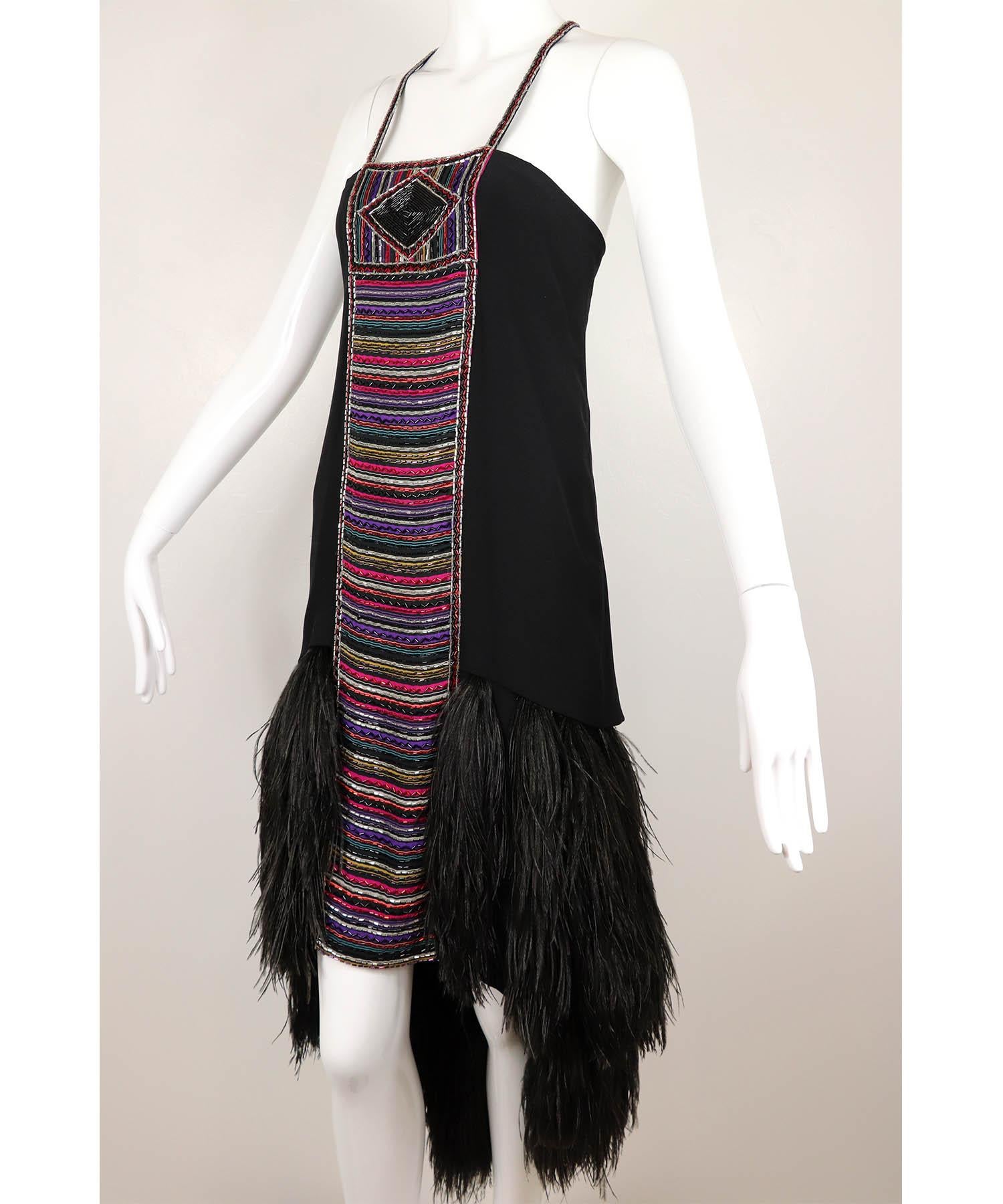 Bob Mackie Couture Multicolored Tribal Beaded Dress Feather Hem Vintage 1980's For Sale 1