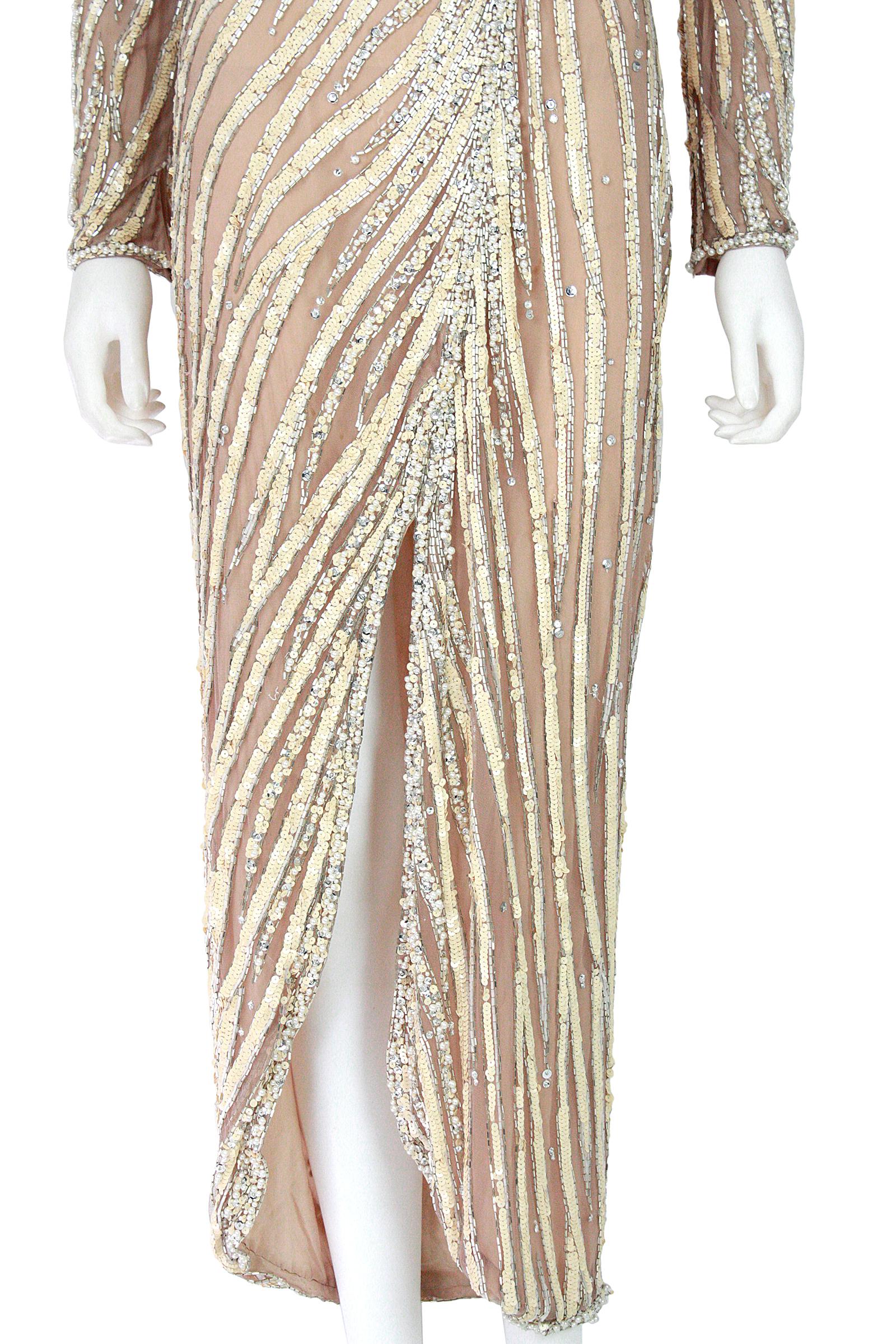 Beige Bob Mackie Cream Sequin Beaded Gown with Slit  For Sale