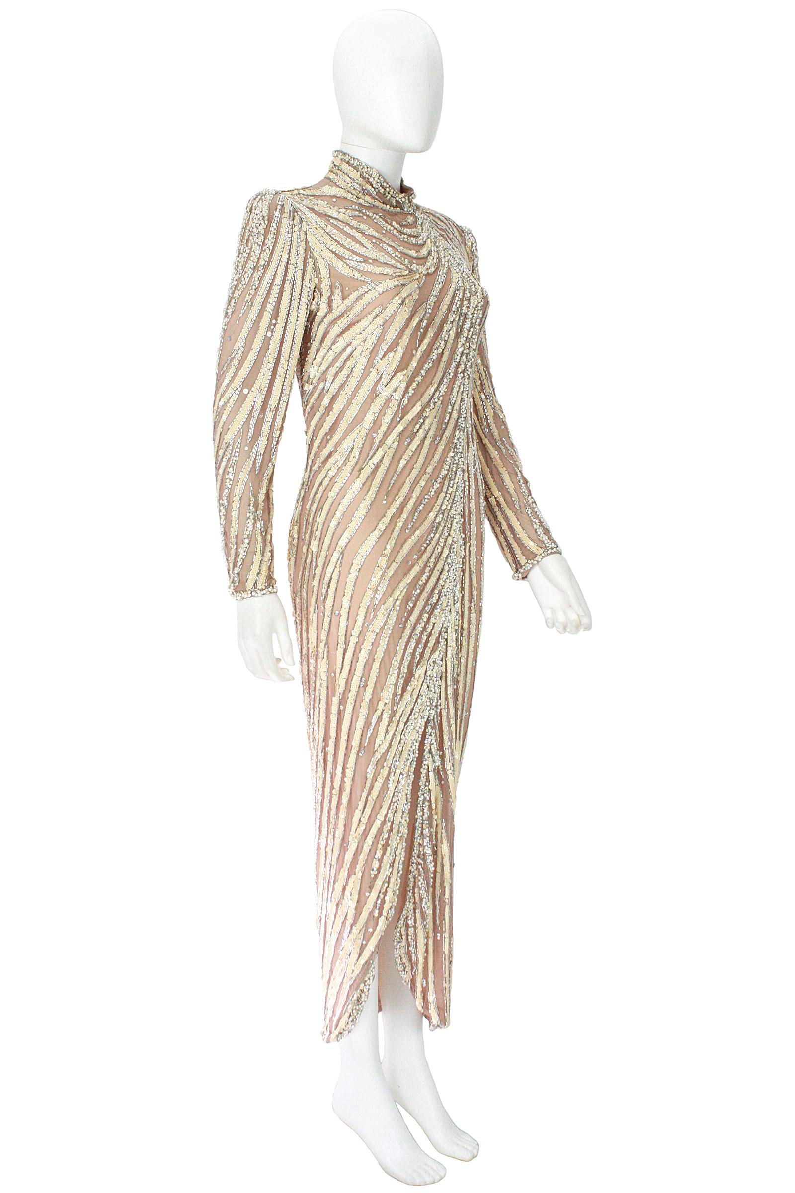 Bob Mackie Cream Sequin Beaded Gown with Slit  In Good Condition For Sale In Los Angeles, CA