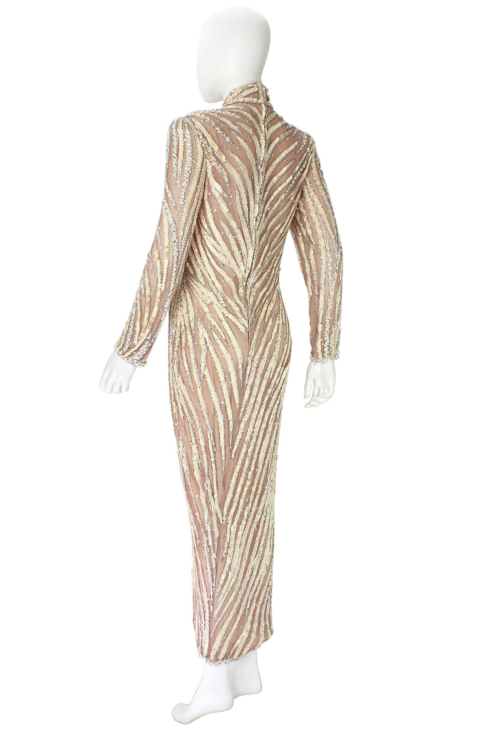 Women's Bob Mackie Cream Sequin Beaded Gown with Slit  For Sale