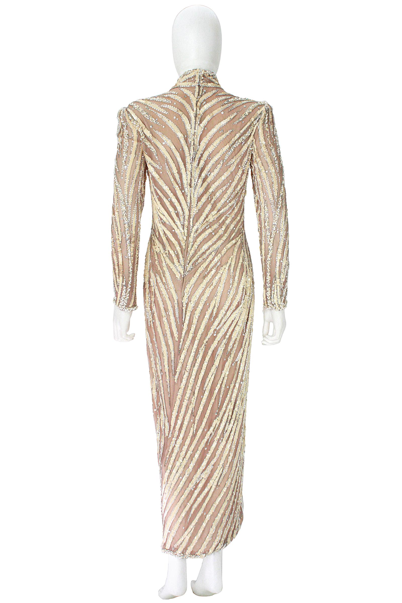 Bob Mackie Cream Sequin Beaded Gown with Slit  For Sale 2