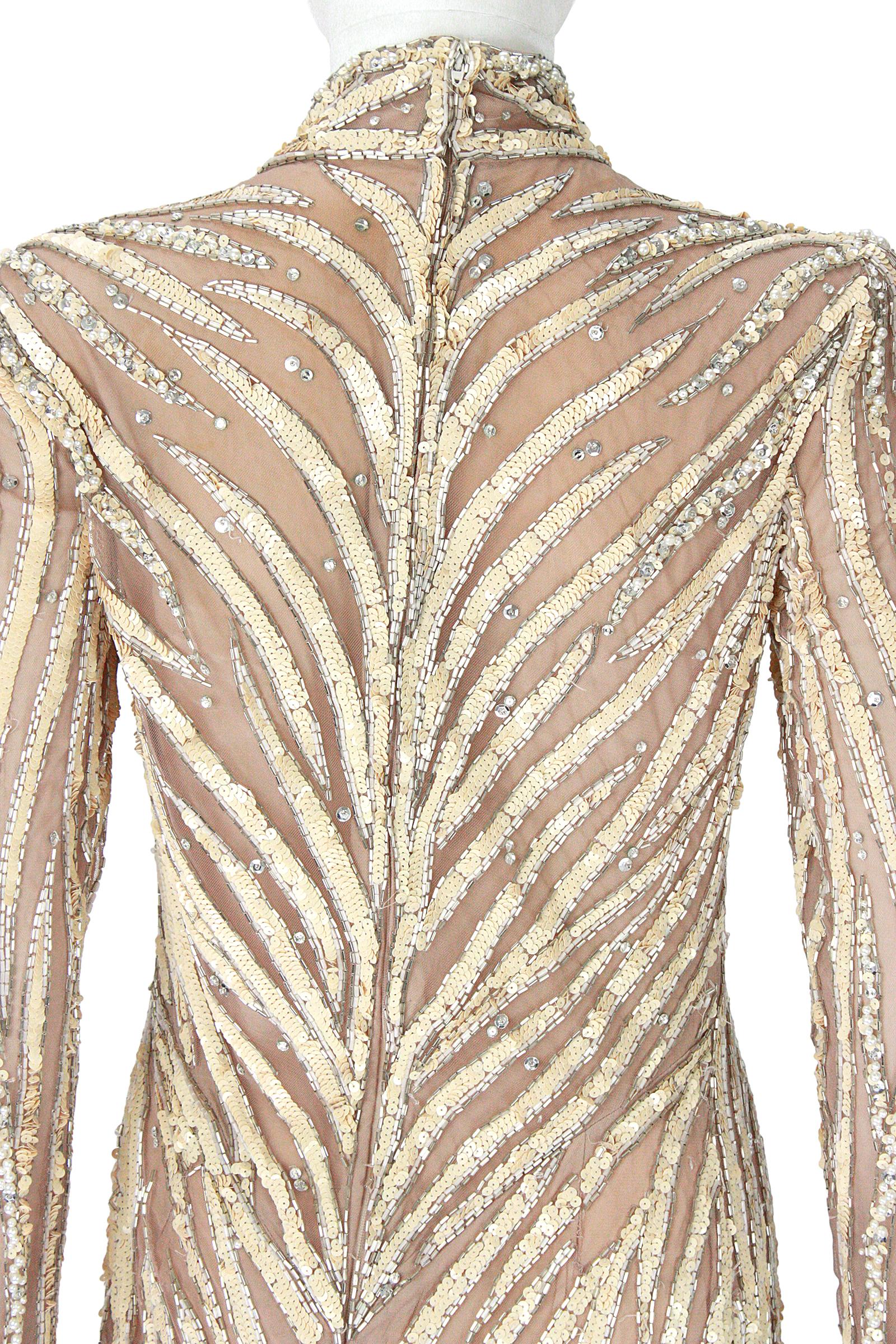 Bob Mackie Cream Sequin Beaded Gown with Slit  For Sale 3