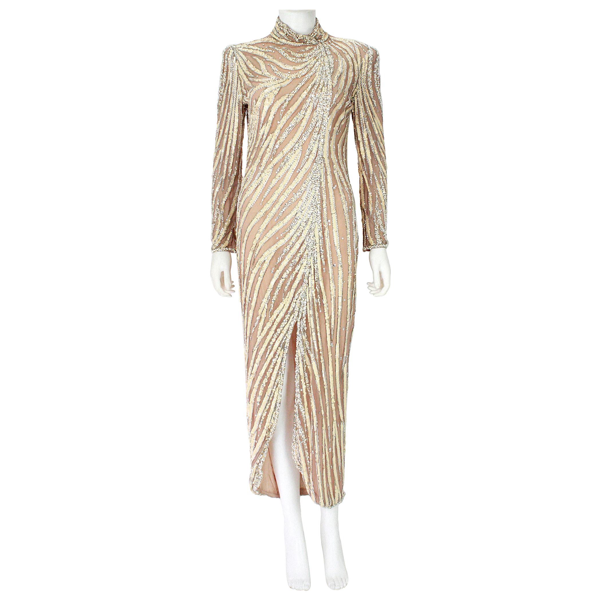 Bob Mackie Cream Sequin Beaded Gown with Slit  For Sale