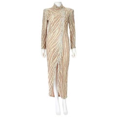 Bob Mackie Cream Sequin Beaded Gown with Slit