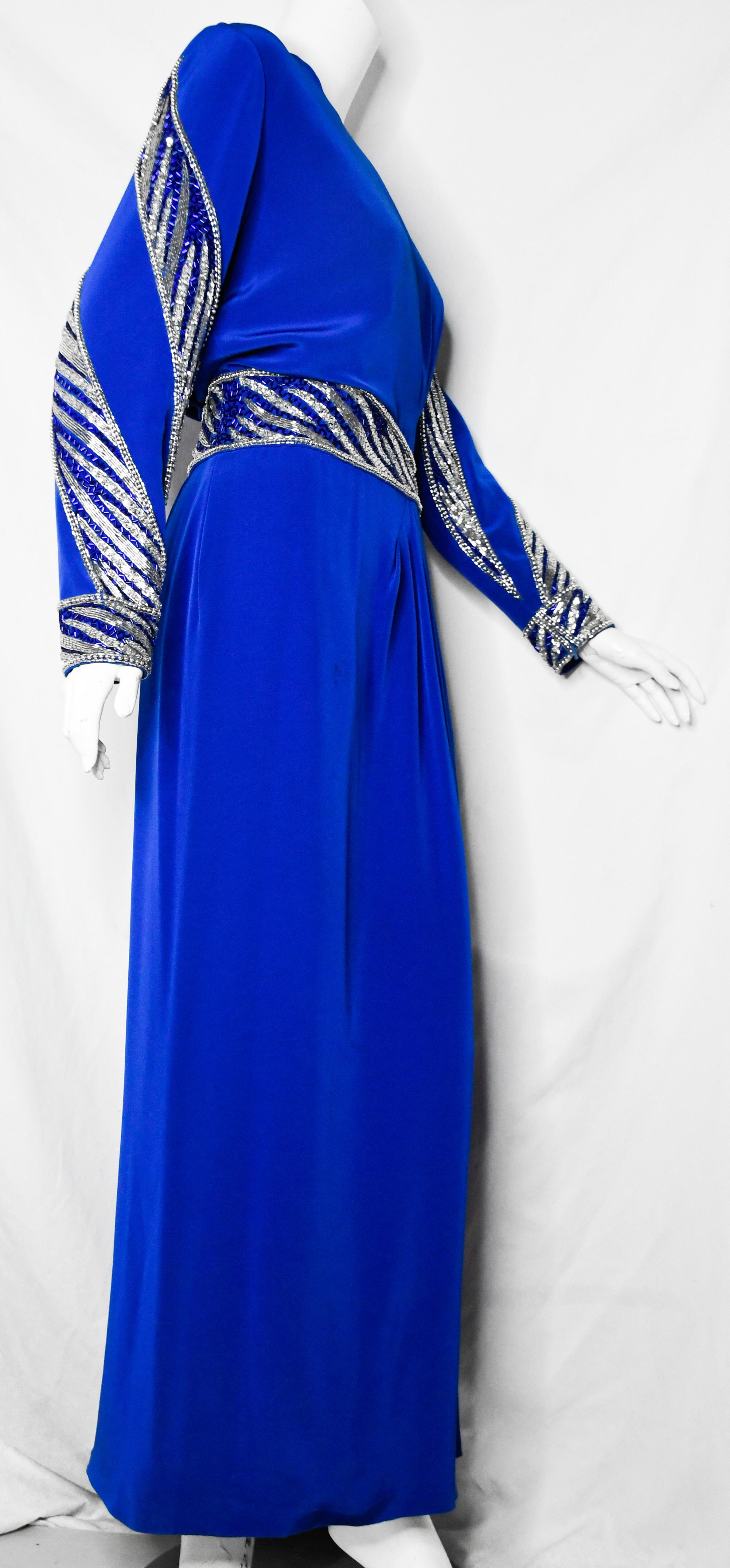 Bob Mackie Evening Sapphire Blue Beaded Sequined 1980s Gown Remodeled Size 12 In Good Condition In Palm Beach, FL