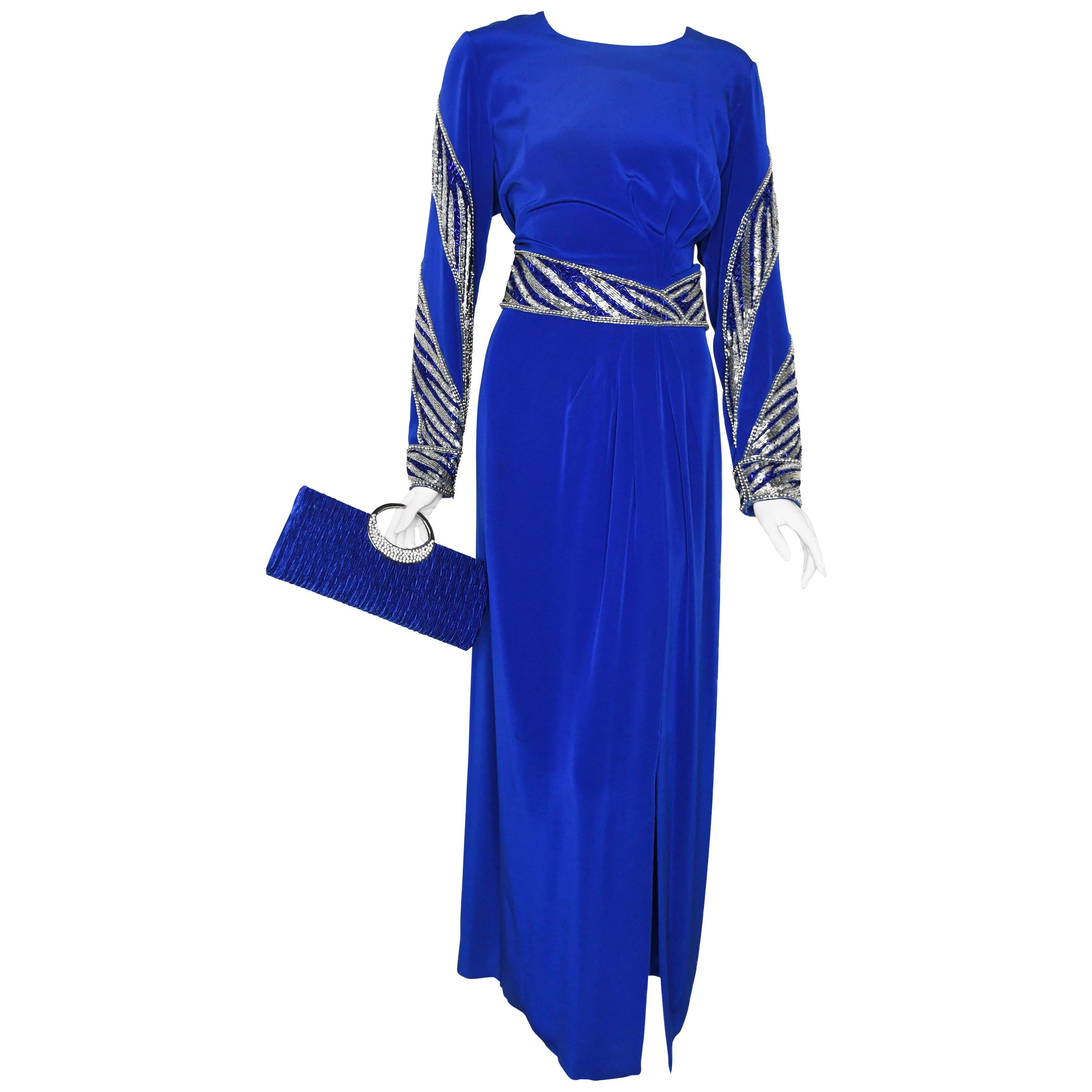 Bob Mackie Evening Sapphire Blue Beaded Sequined 1980s Gown Remodeled Size 12