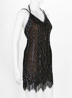 Bob Mackie F/W 1991 Black Mini Fully Beaded Fringe Dress