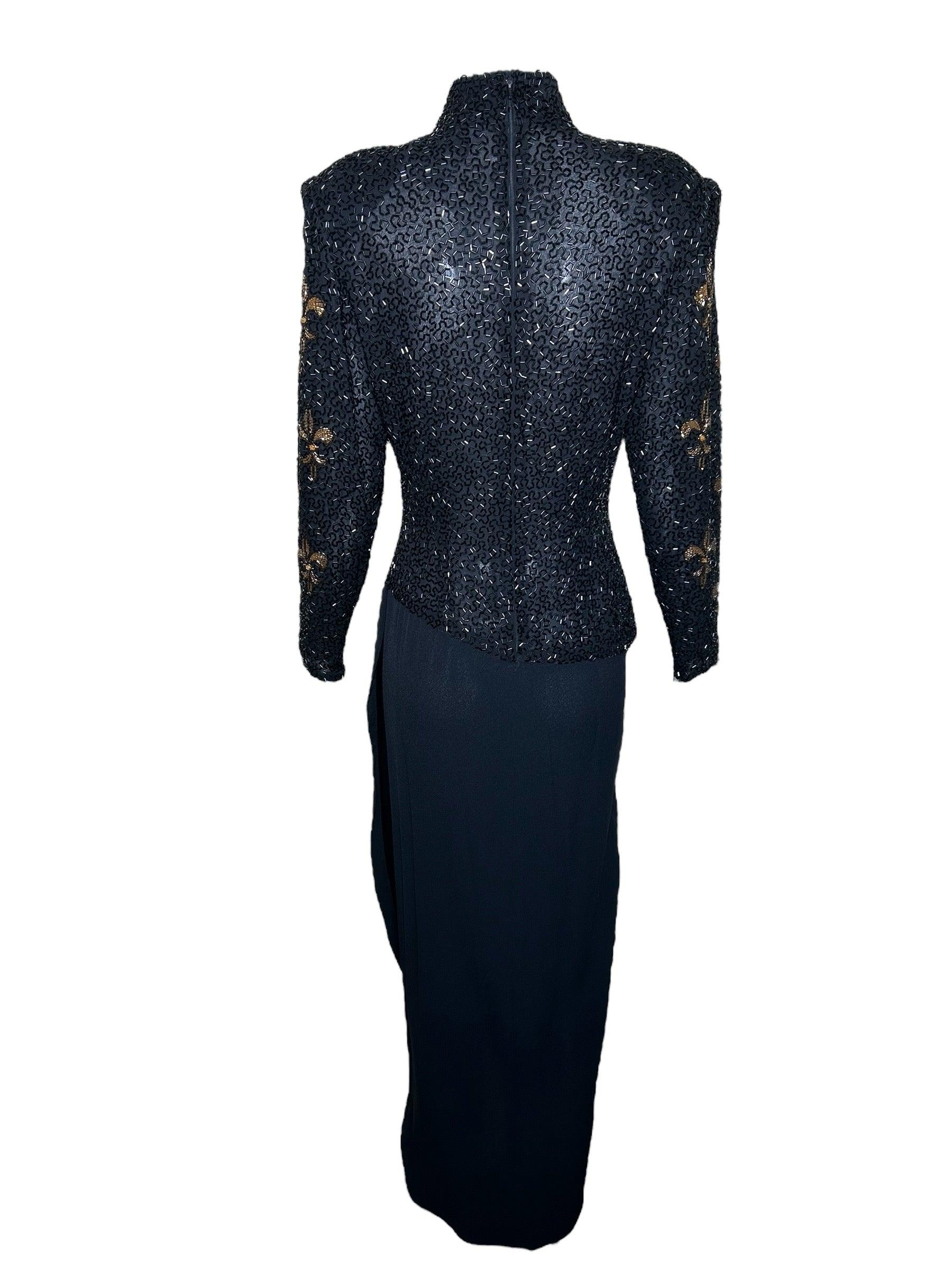 Black Bob Mackie Fleur de Lys Beaded Long Sleeve Cocktail Gown, 1990s For Sale