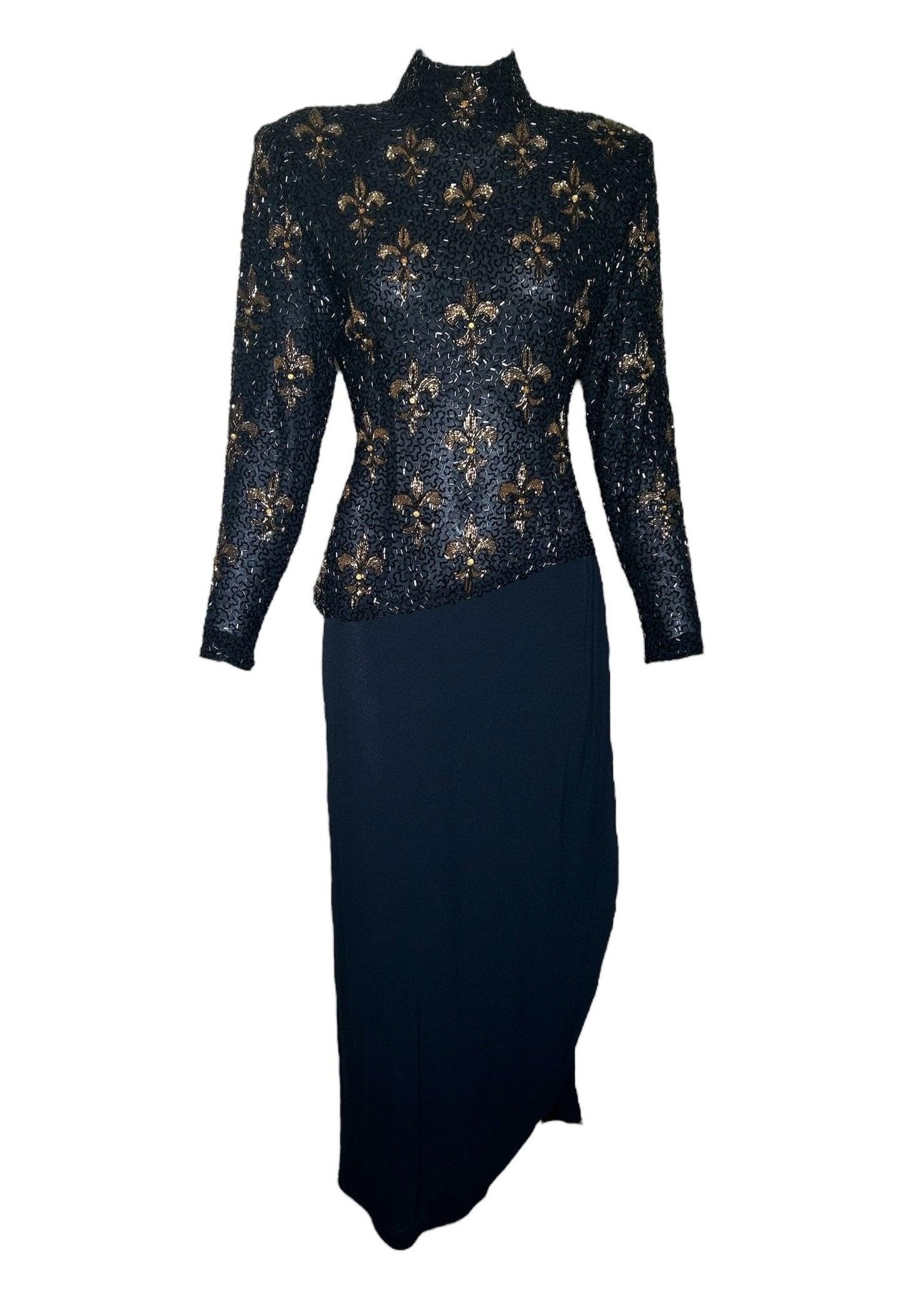 Bob Mackie Fleur de Lys Beaded Long Sleeve Cocktail Gown, 1990s For Sale
