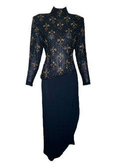 Bob Mackie Fleur de Lys Beaded Long Sleeve Cocktail Gown, 1990s