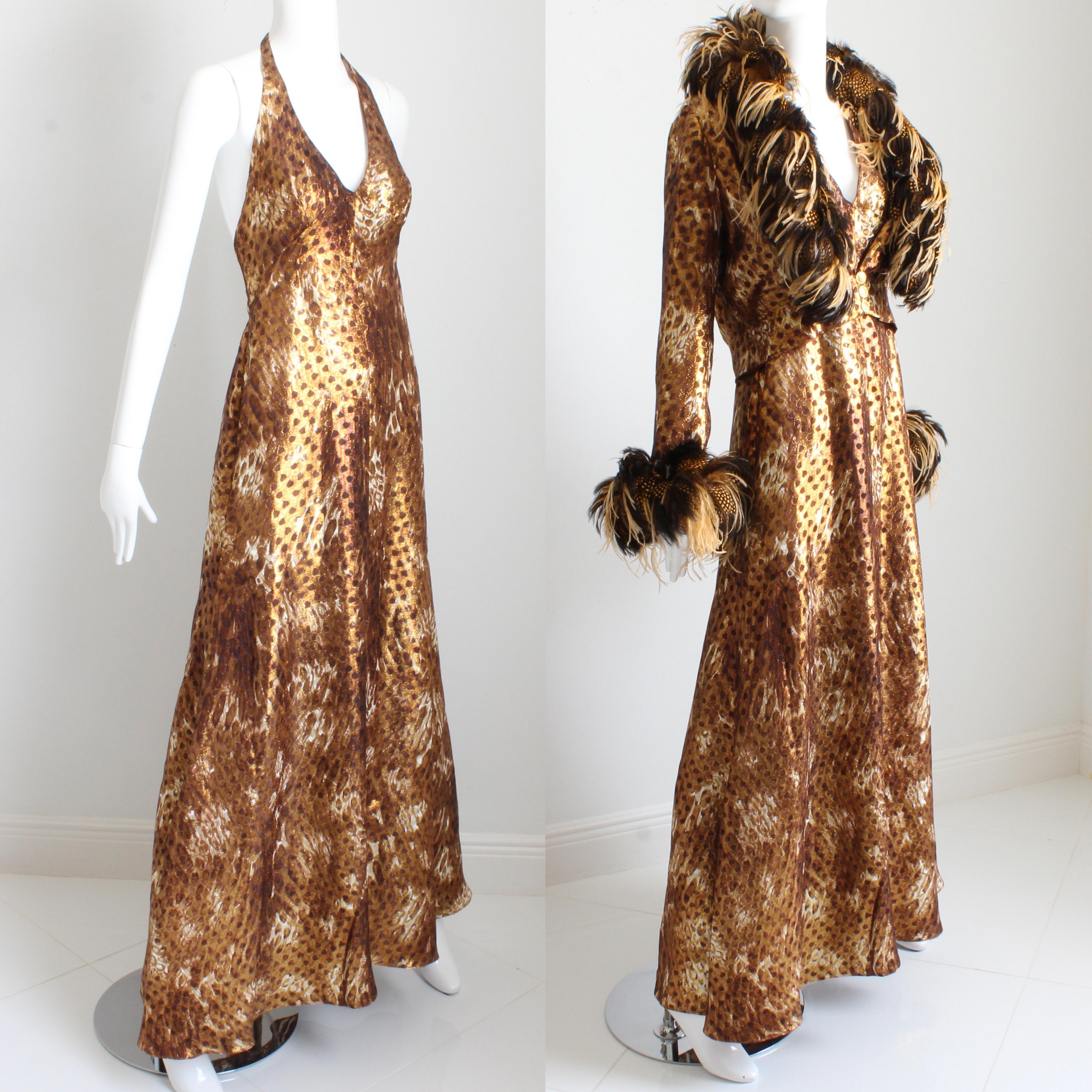 Women's Bob Mackie Halter Dress and Feather Trim Evening Jacket 2pc Set Rare Vintage 70s For Sale
