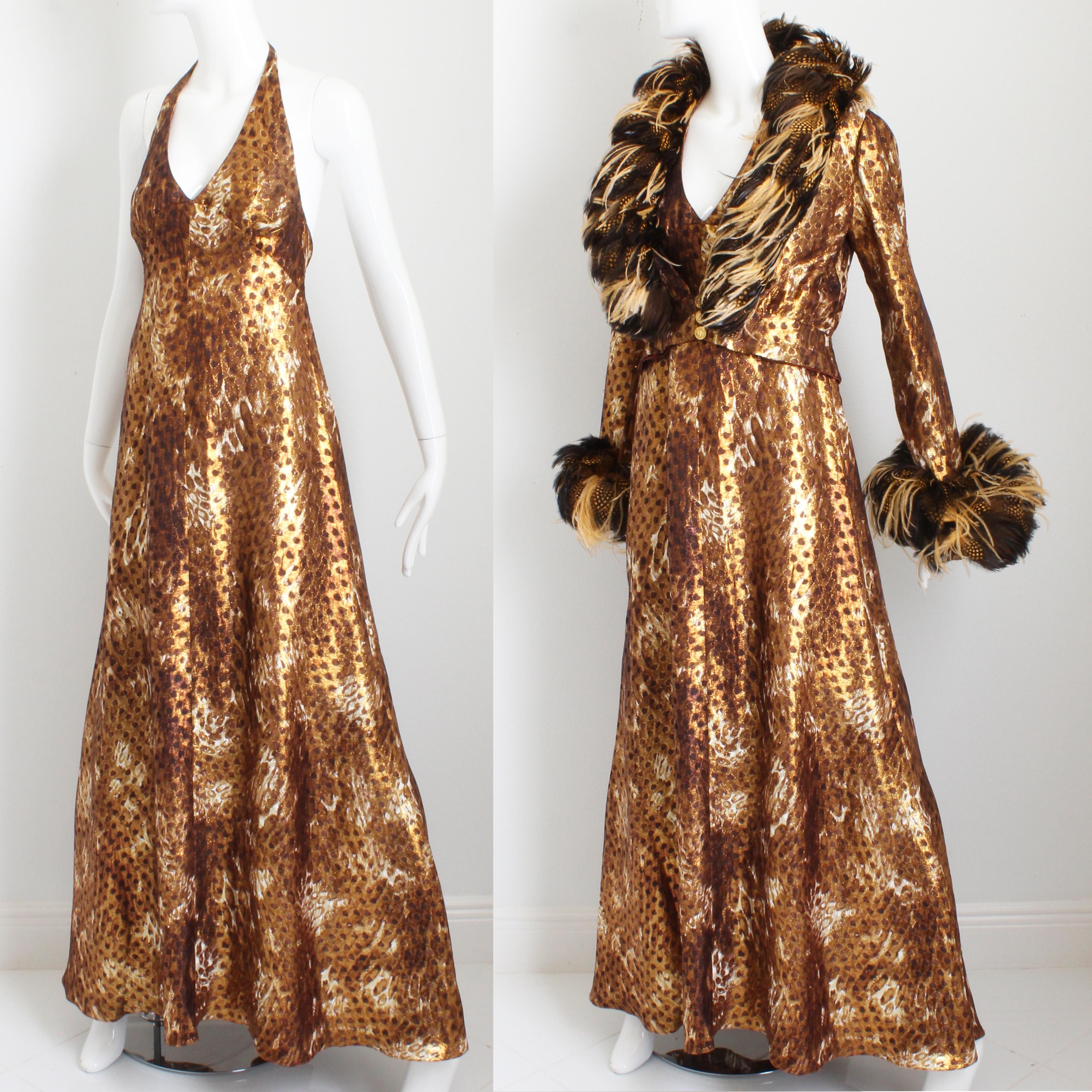Bob Mackie Halter Dress and Feather Trim Evening Jacket 2pc Set Rare Vintage 70s For Sale 1
