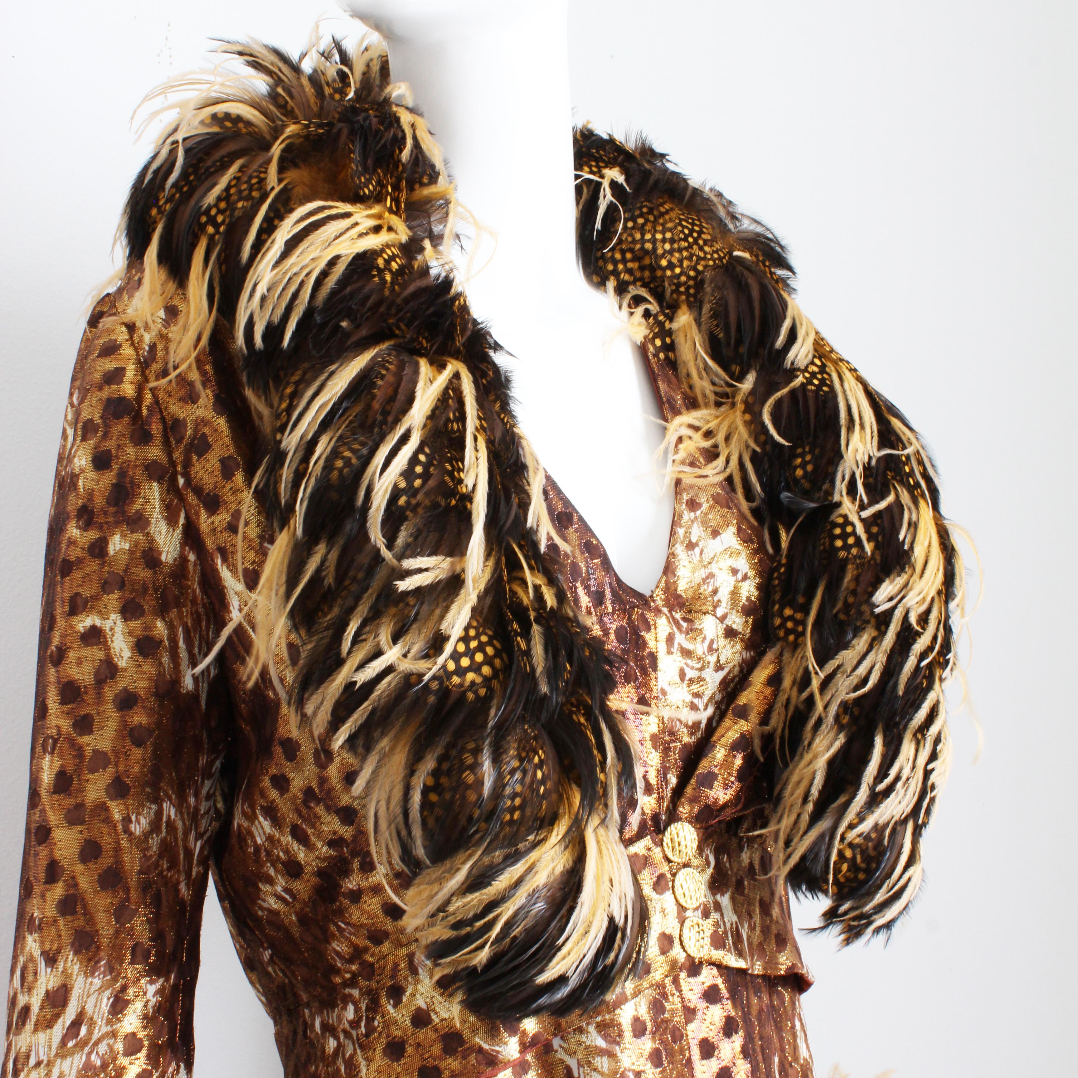 Brown Bob Mackie Halter Dress and Feather Trim Evening Jacket 2pc Set Vintage 70s Rare For Sale