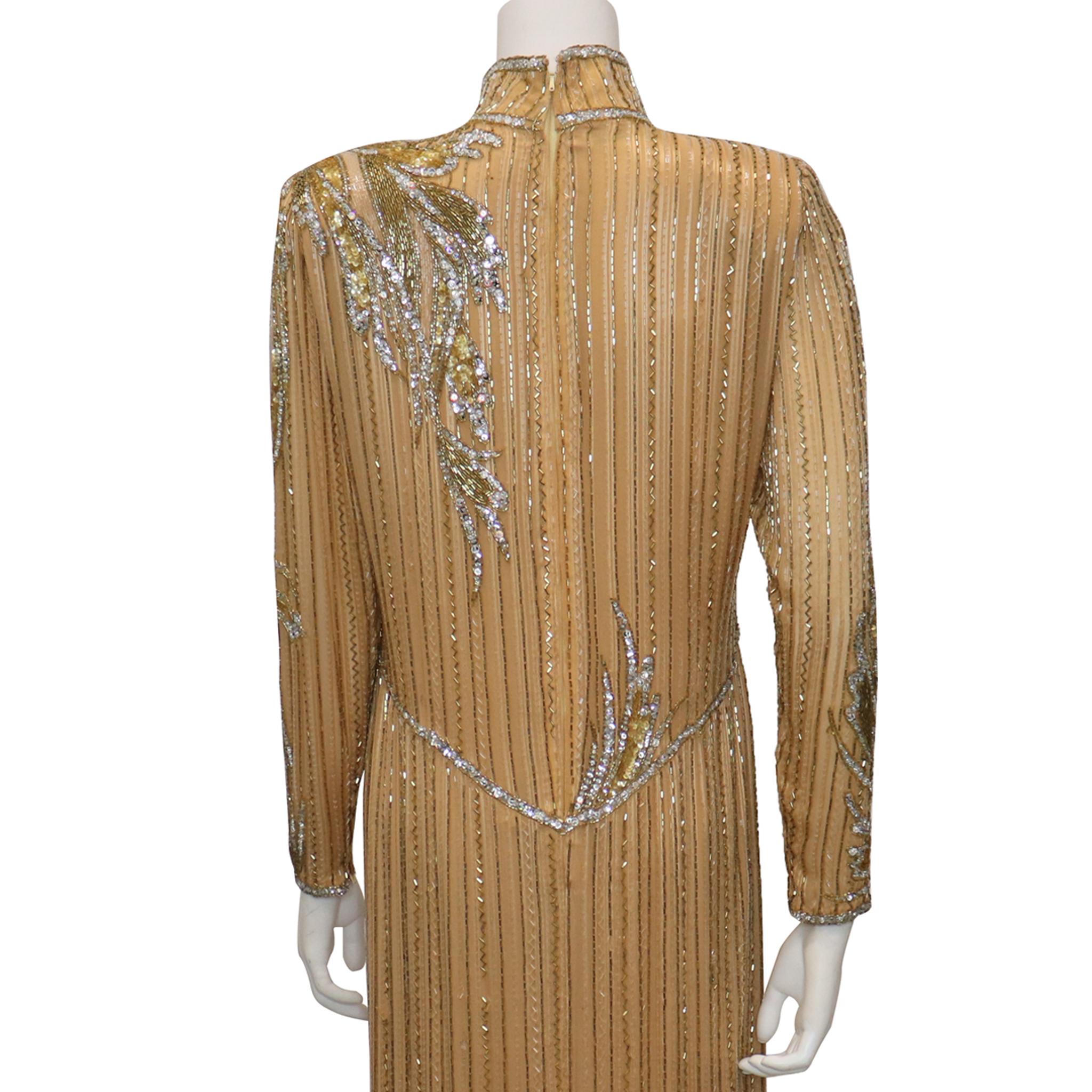 Bob Mackie High Collar Long Sleeve Gold Beaded Gown Circa 1990s In Excellent Condition In Los Angeles, CA