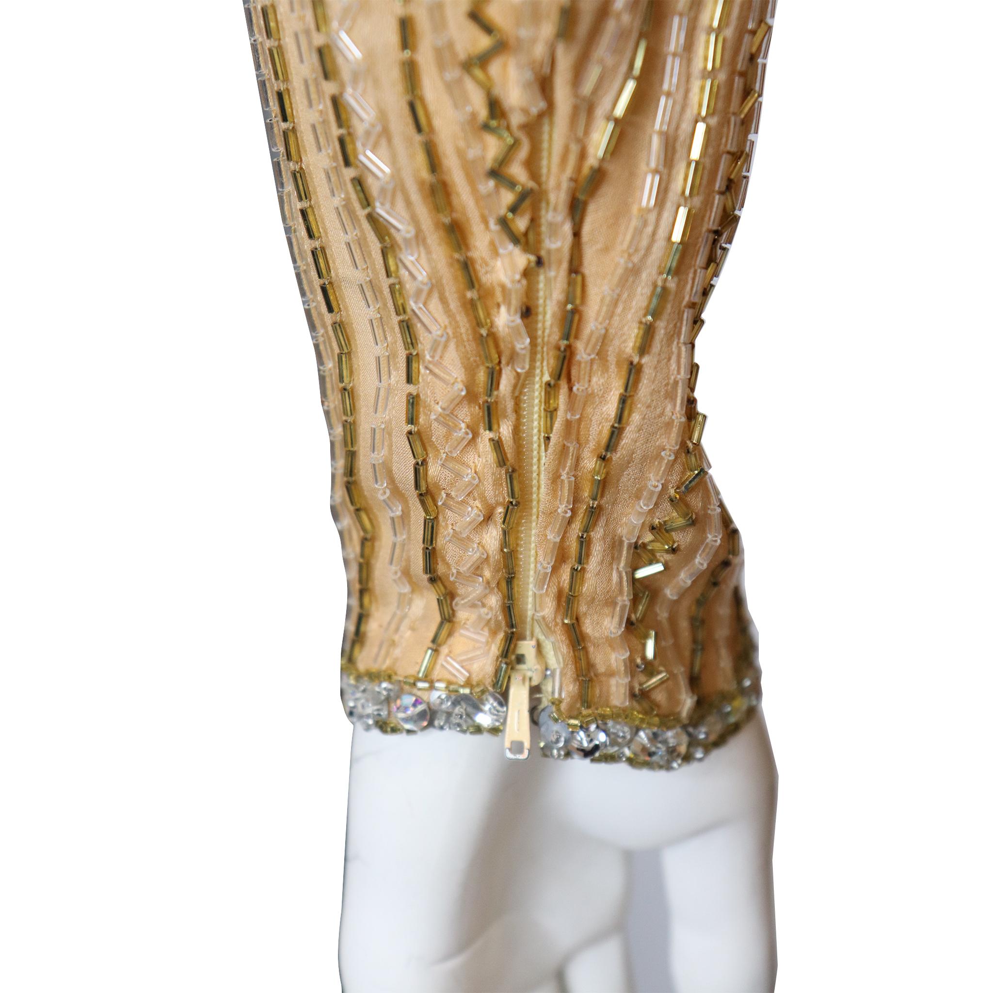 Women's Bob Mackie High Collar Long Sleeve Gold Beaded Gown Circa 1990s