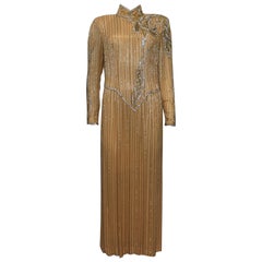 Bob Mackie High Collar Long Sleeve Gold Beaded Gown Circa 1990s