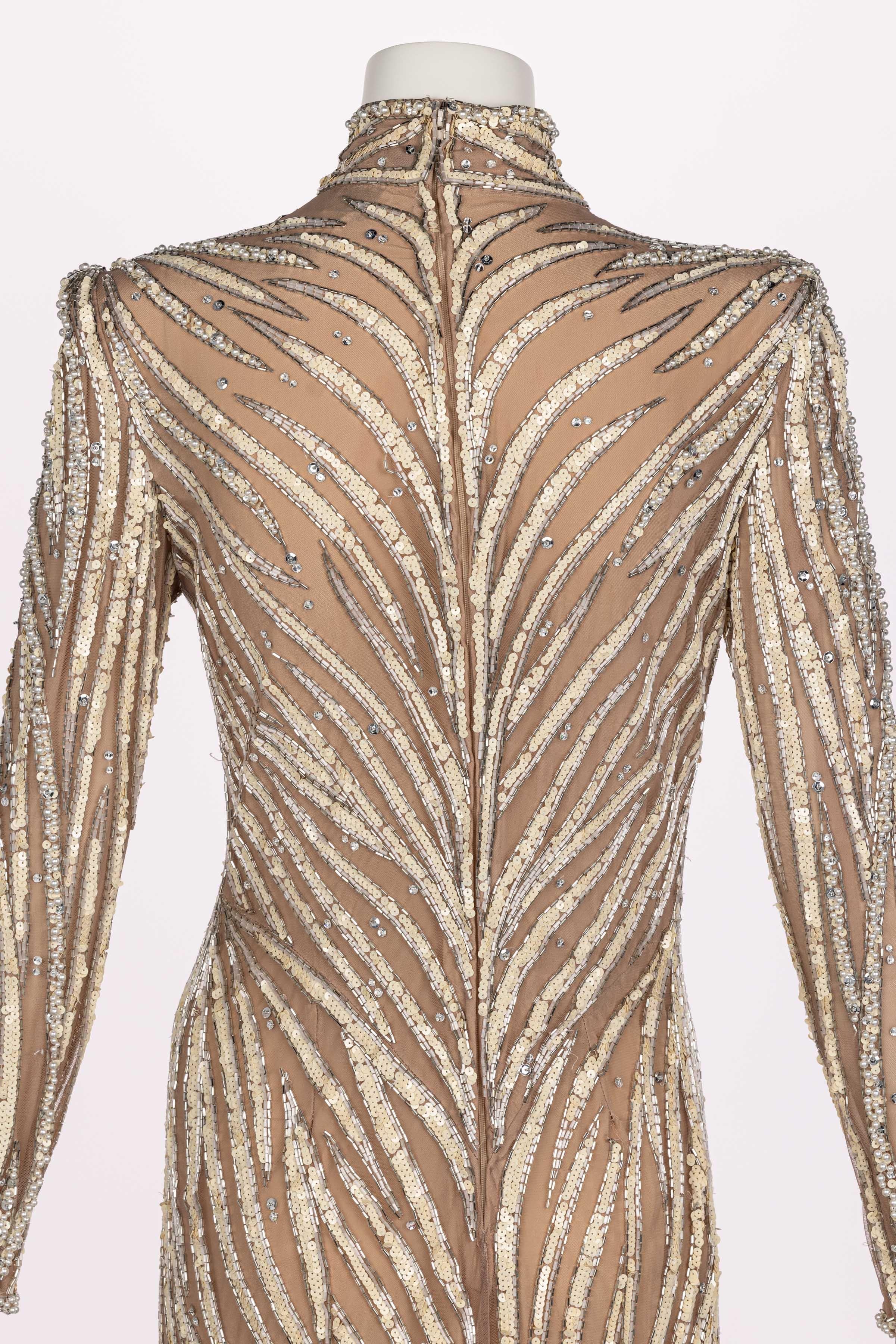 Bob Mackie Ivory Sequin, Pearls & Nude Stretch Net Thigh High Slit Dress, 1980s For Sale 3