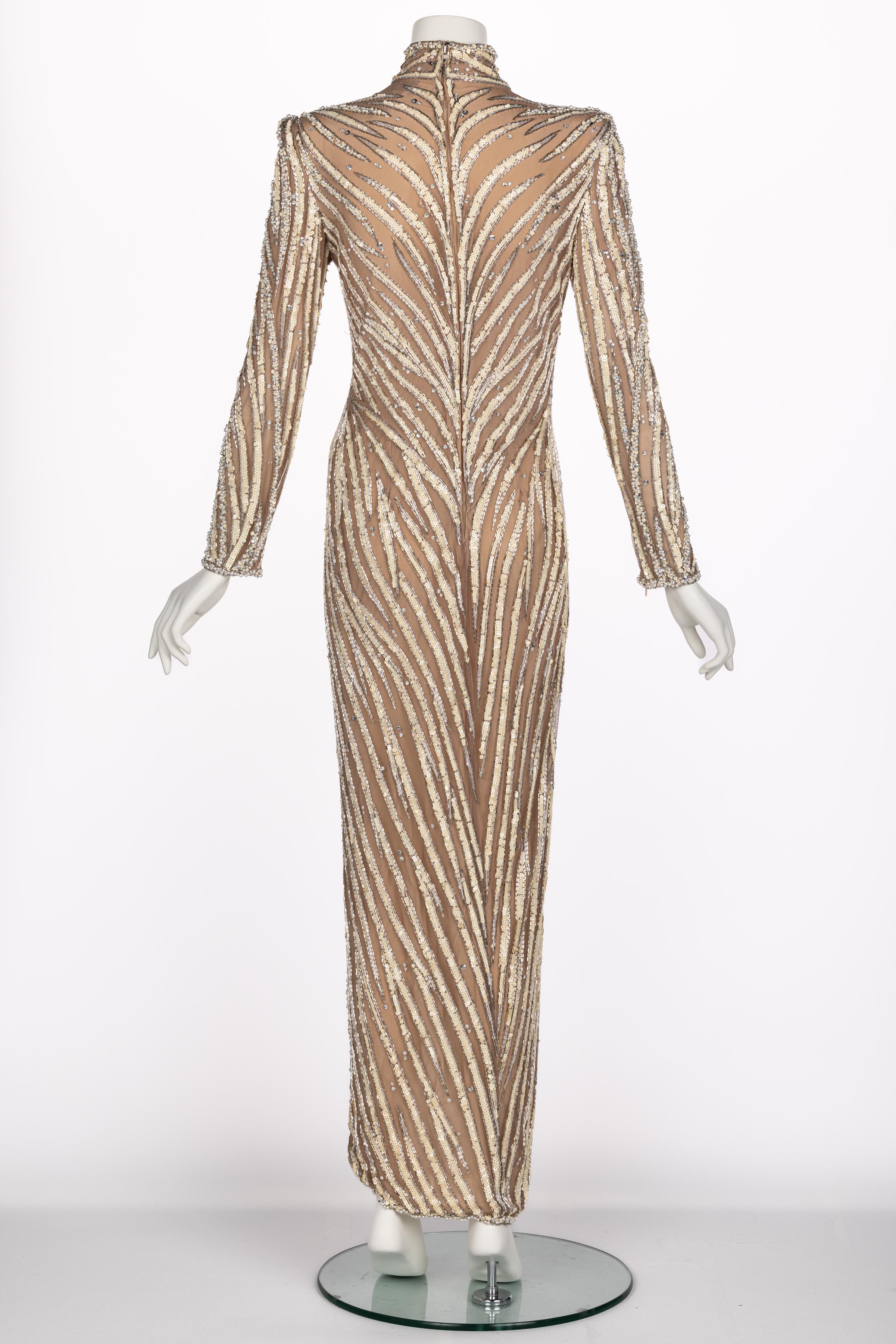 Brown Bob Mackie Ivory Sequin, Pearls & Nude Stretch Net Thigh High Slit Dress, 1980s For Sale