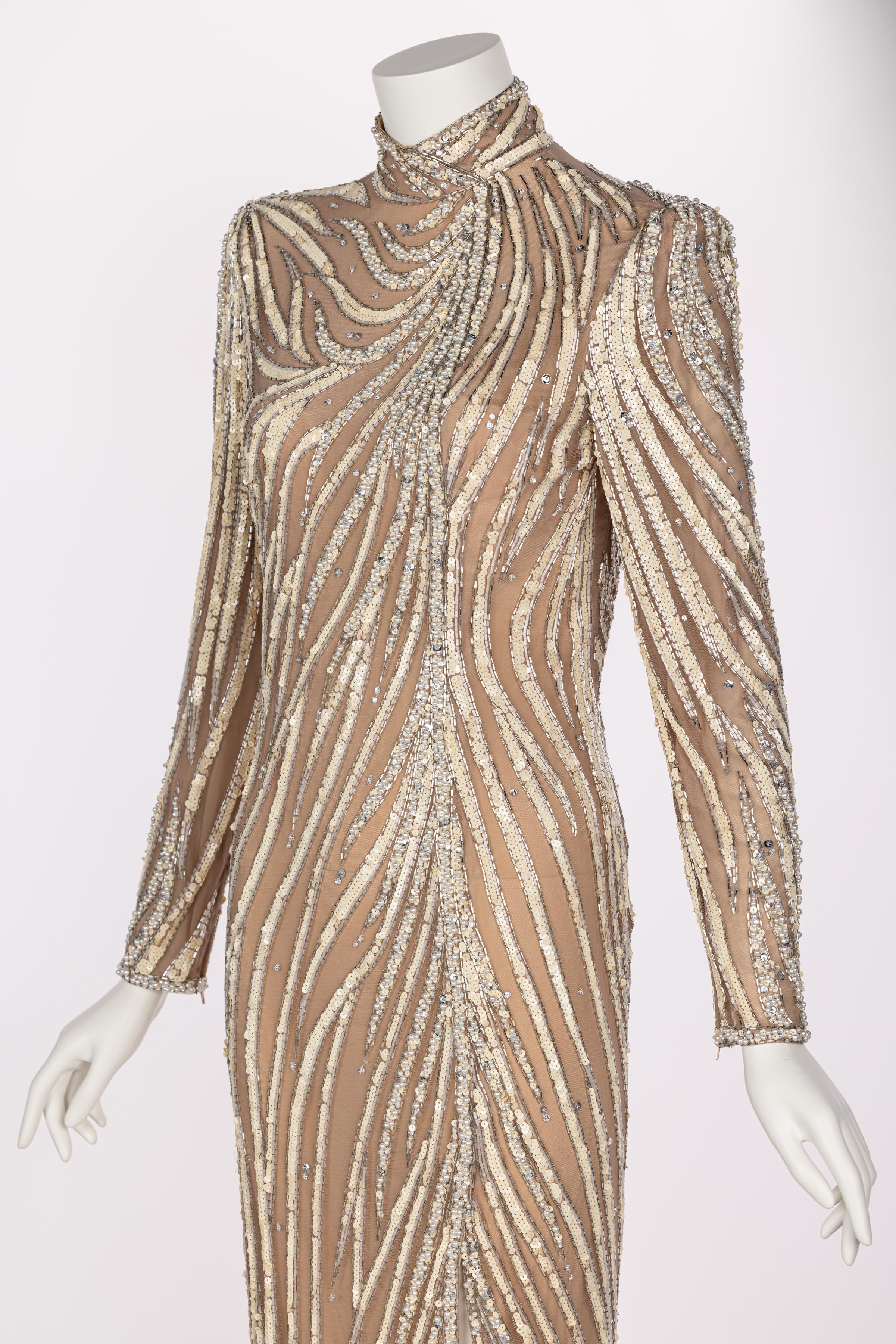 Bob Mackie Ivory Sequin, Pearls & Nude Stretch Net Thigh High Slit Dress, 1980s In Excellent Condition For Sale In Boca Raton, FL
