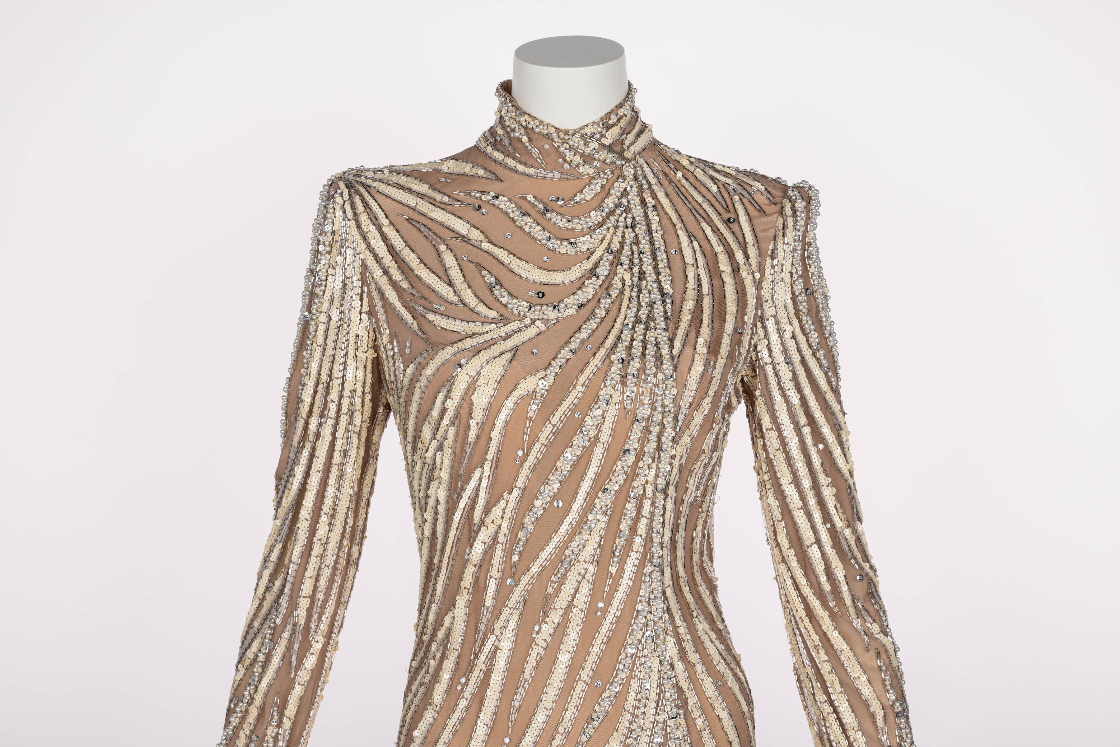Women's or Men's Bob Mackie Ivory Sequin, Pearls & Nude Stretch Net Thigh High Slit Dress, 1980s For Sale