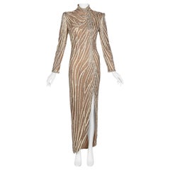 Vintage Bob Mackie Ivory Sequin, Pearls & Nude Stretch Net Thigh High Slit Dress, 1980s