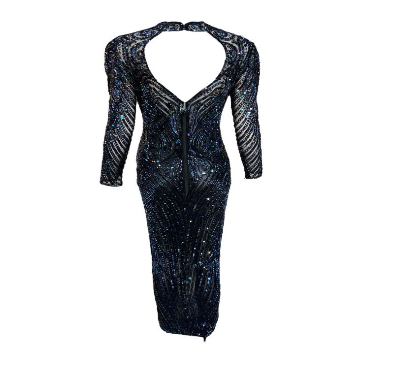 Bob Mackie Mitternachtsblaues schillerndes Kleid aus Pailletten und Perlen, 1980er Jahre (Schwarz) im Angebot