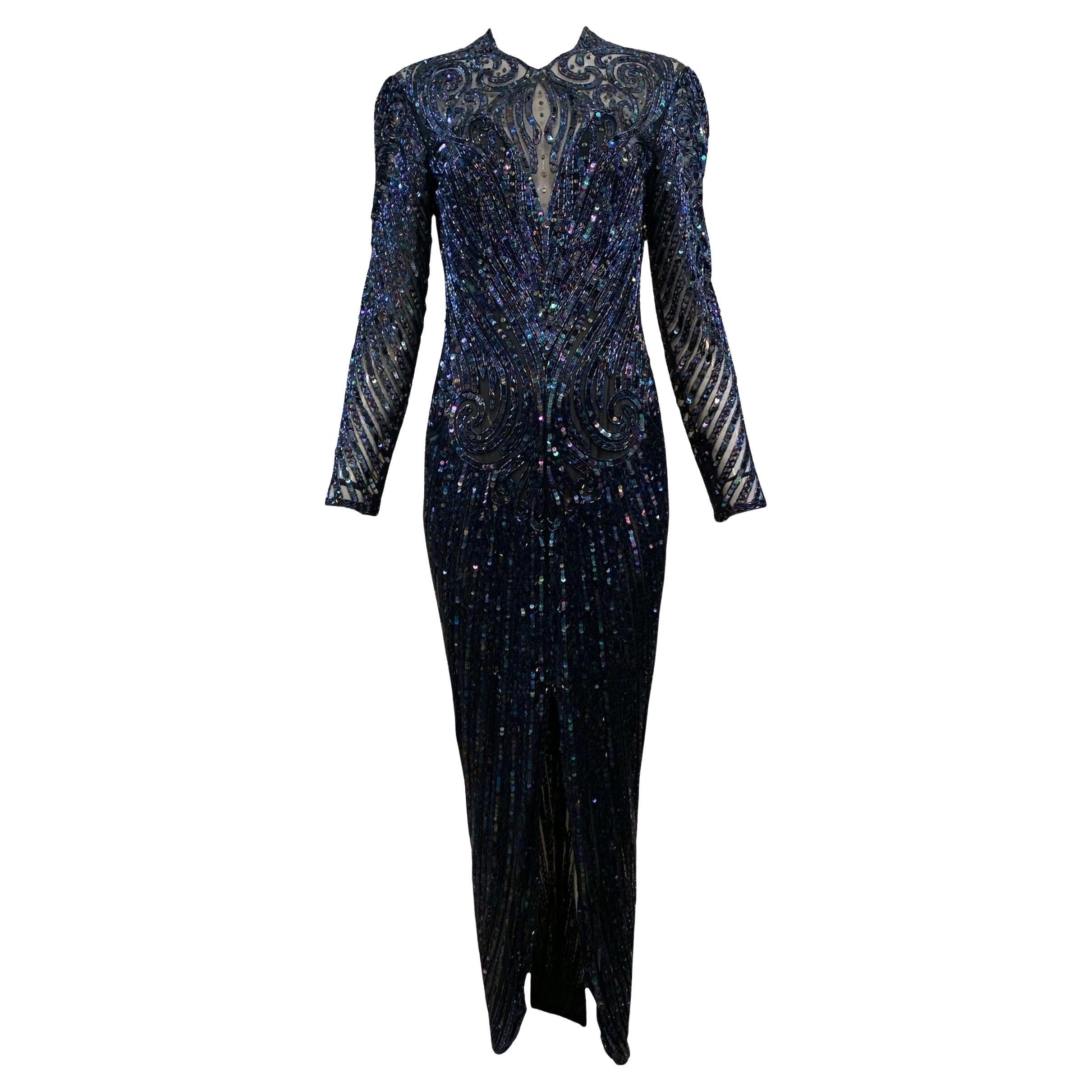 Bob Mackie Mitternachtsblaues schillerndes Kleid aus Pailletten und Perlen, 1980er Jahre im Angebot