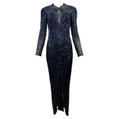 Bob Mackie Mitternachtsblaues schillerndes Kleid aus Pailletten und Perlen, 1980er Jahre
