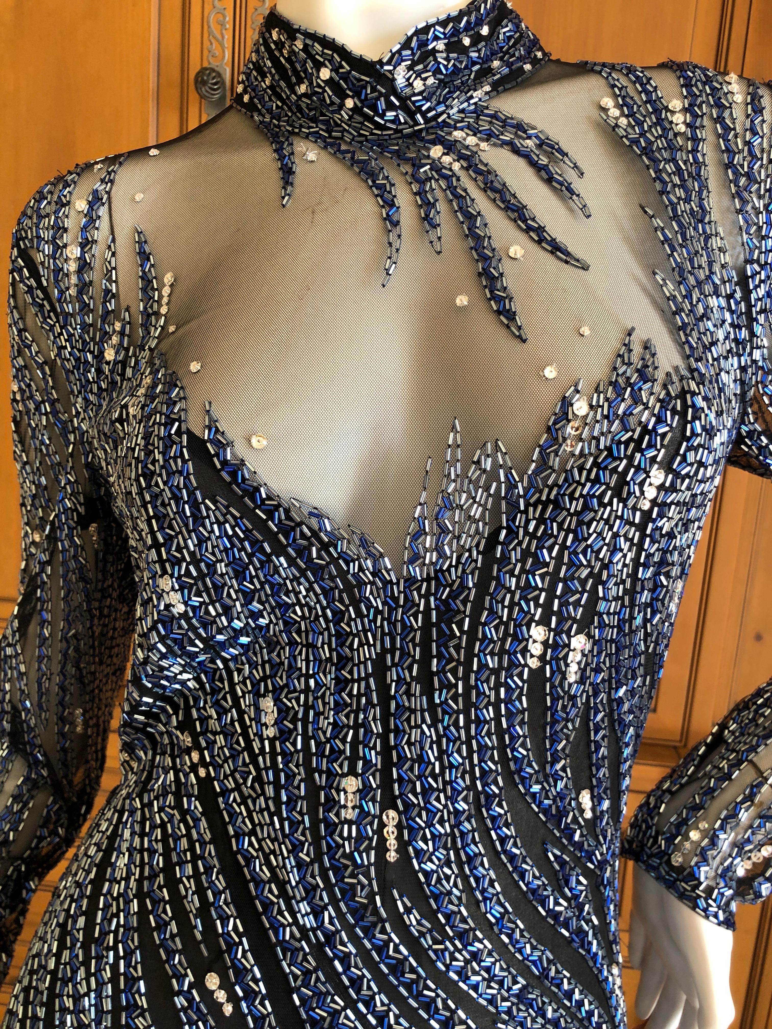 Bob Mackie Outstanding Vintage Sheer Illusion Bugle Beaded Evening Dress In Excellent Condition For Sale In Cloverdale, CA