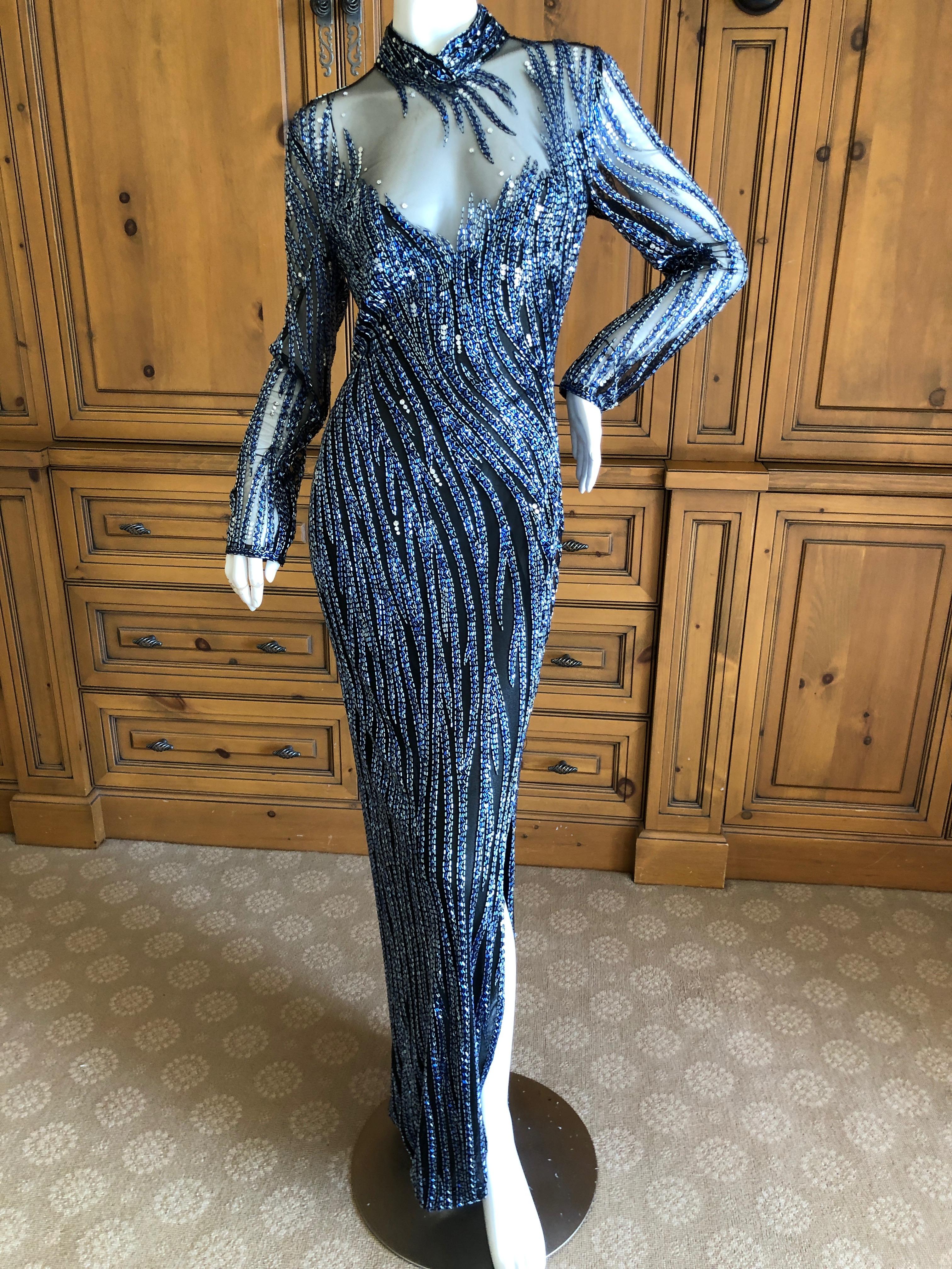 Women's Bob Mackie Outstanding Vintage Sheer Illusion Bugle Beaded Evening Dress For Sale