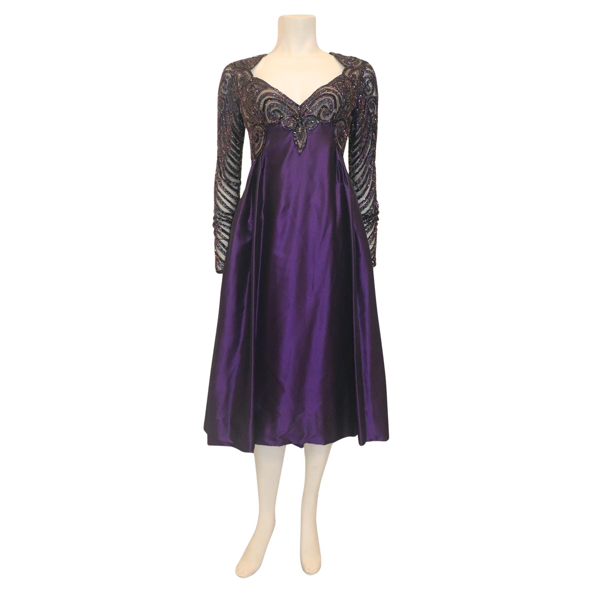 BOB MACKIE Lila Tea Length-Kleid mit perlenbesetztem Mieder und Ärmeln und offenem Rückenausschnitt