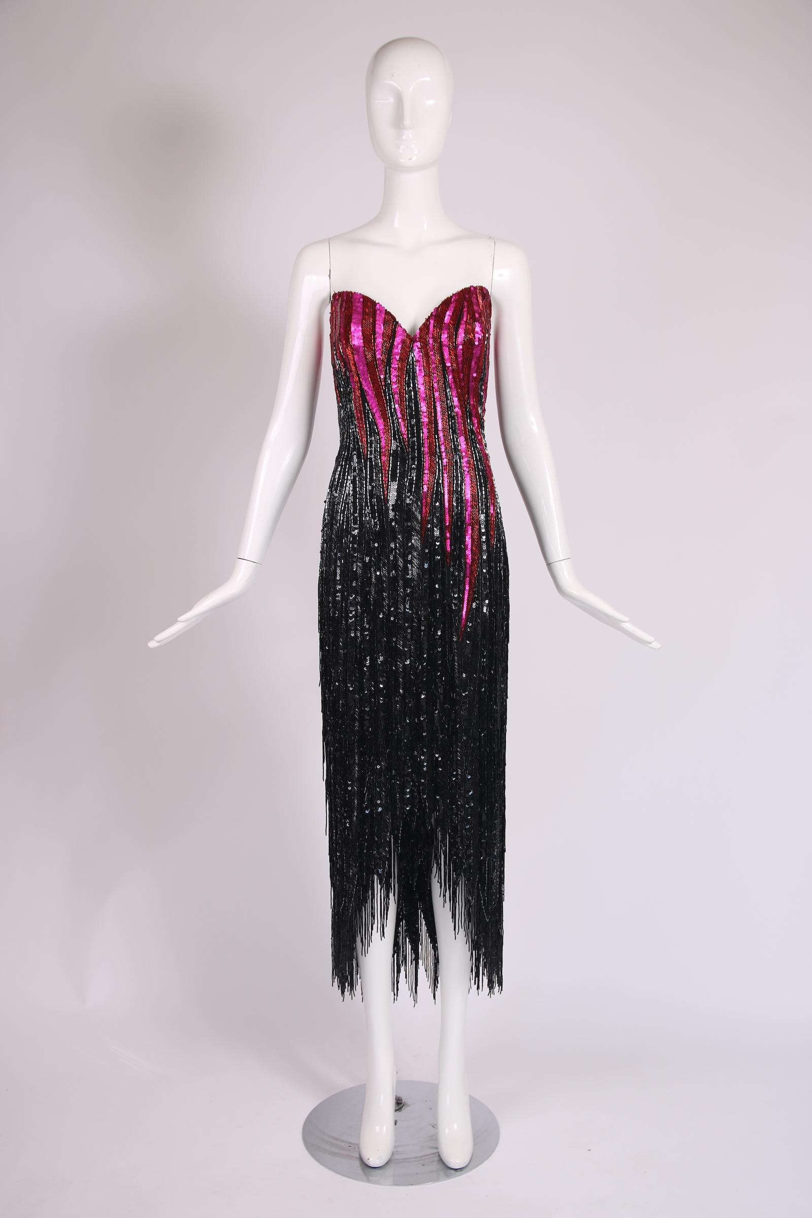 Bob Mackie silk strapless cocktail dress with pink and black sequins and red and black bugle beads. Size tag 8. In excellent condition with some scattered and missing beads. 

Bust - 36