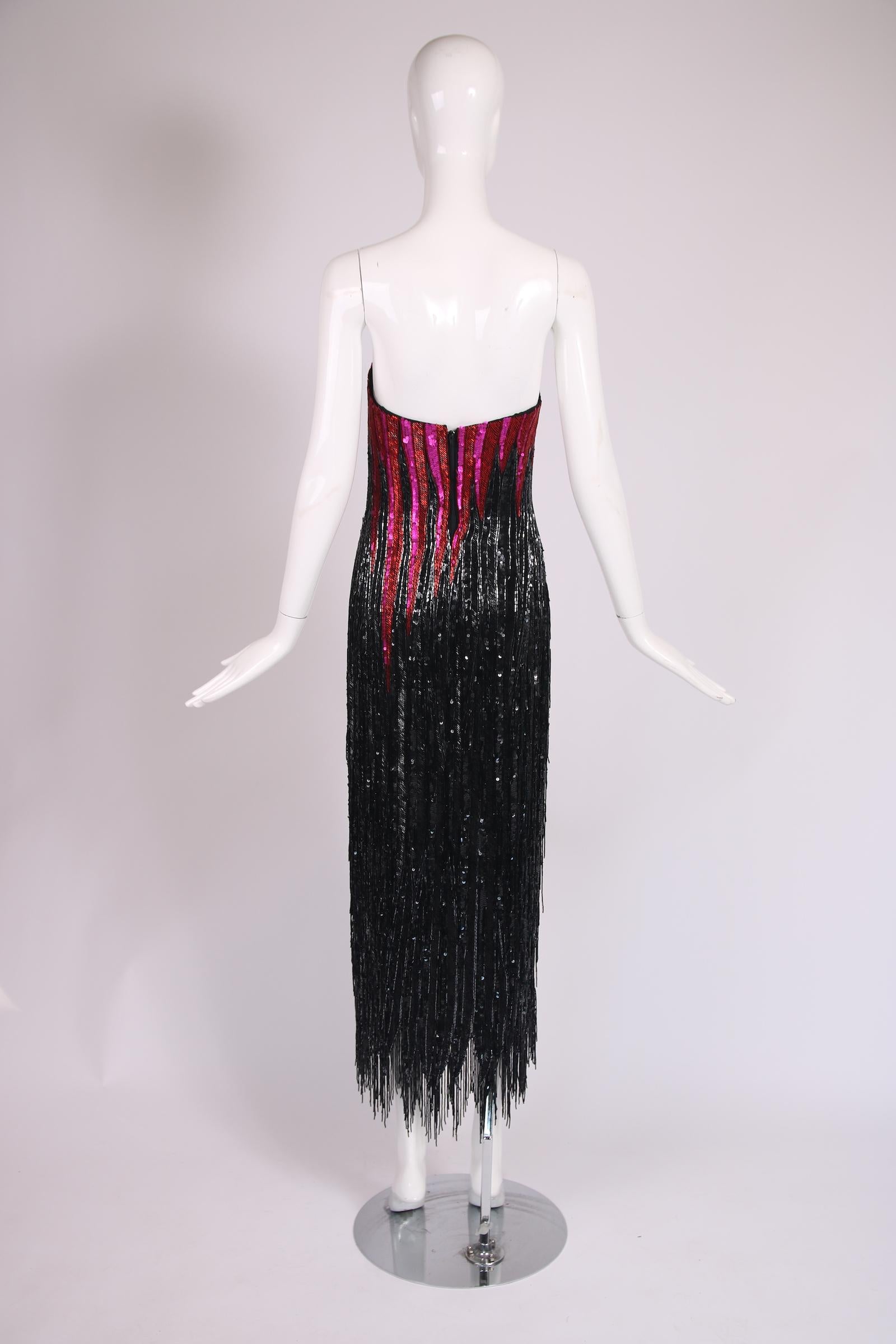 Women's Bob Mackie Red, Pink & Black Beaded & Sequined Strapless Cocktail Dress