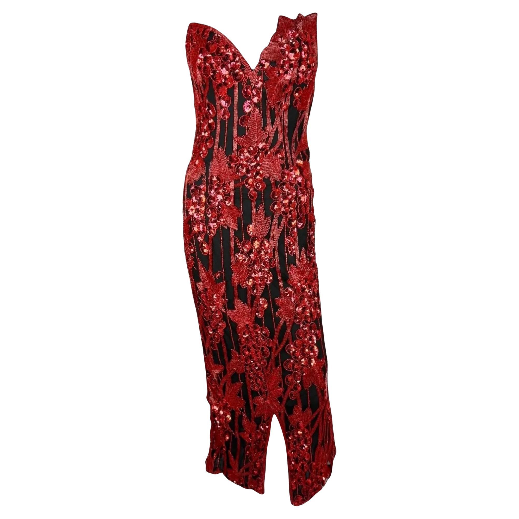 Bob Mackie Red Sequin Grapevine Dress, SS 1989 in vendita