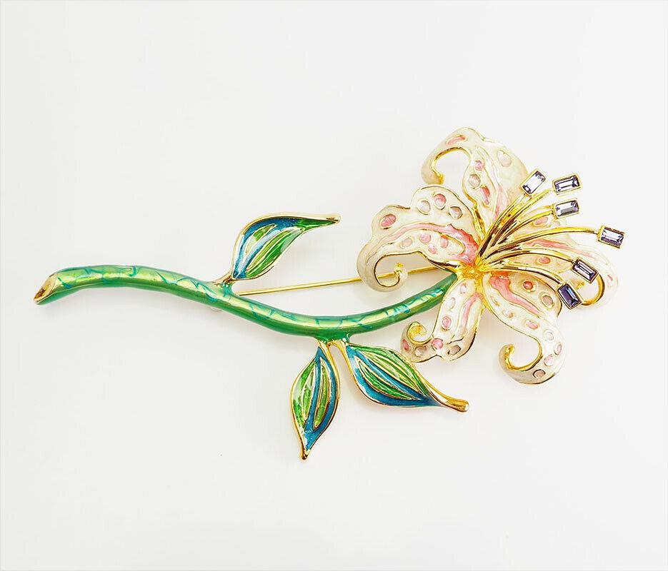 Stunning Large Pink Enamel Lily gold tone signed Bob Mackie Brooch Pin; Retired , in its original box with the original brand brochure; Signed Bob Mackie; approx. size:  4.3