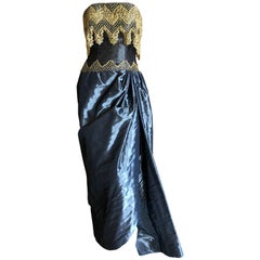 Bob Mackie Silk Strapless Gold Lace Adorned Evening Dress and Cape Coat, 1980s