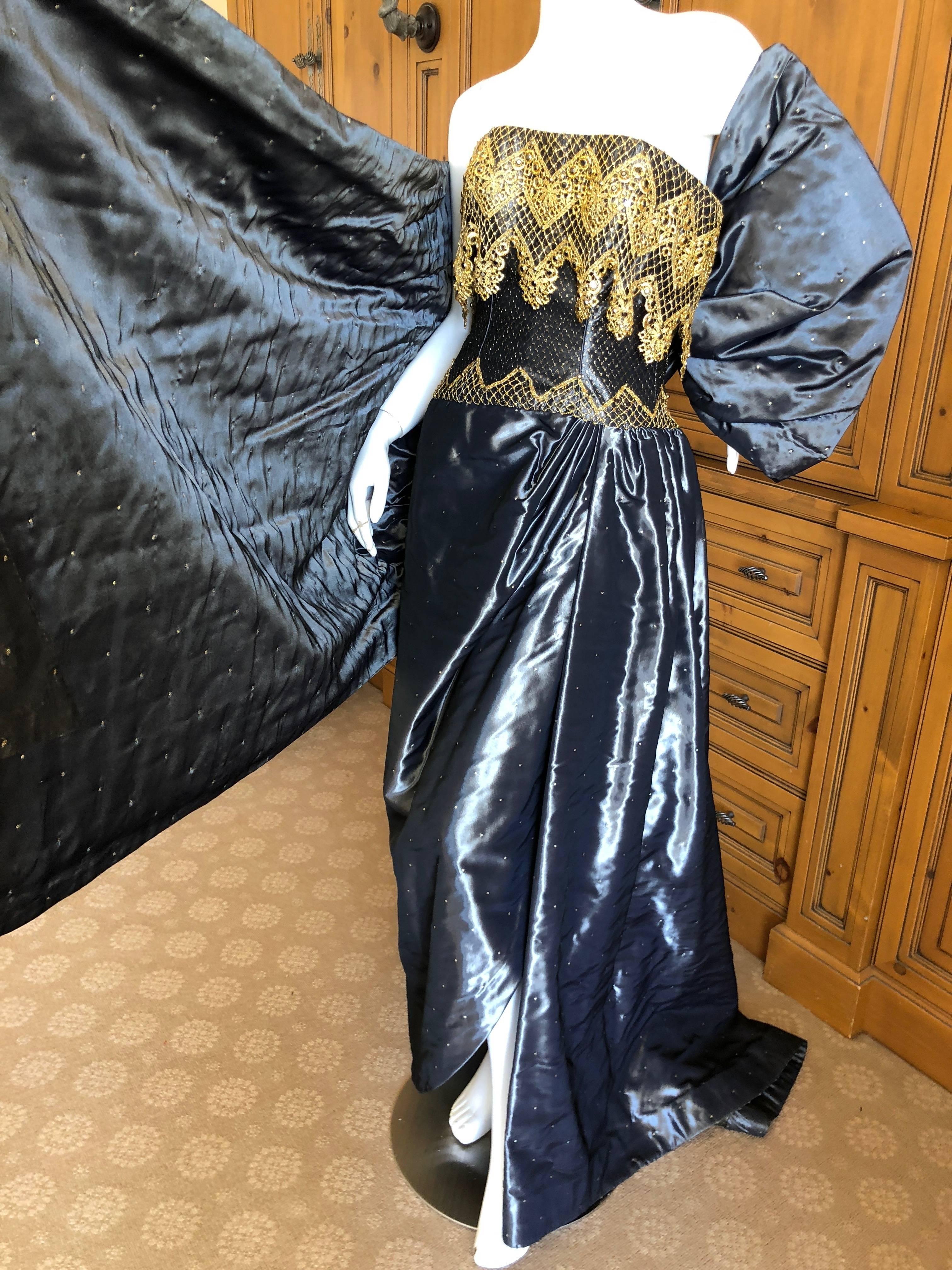 Bob Mackie Silk Strapless Gold Lace Adorned Evening Dress and Cape Coat, 1980s 6
